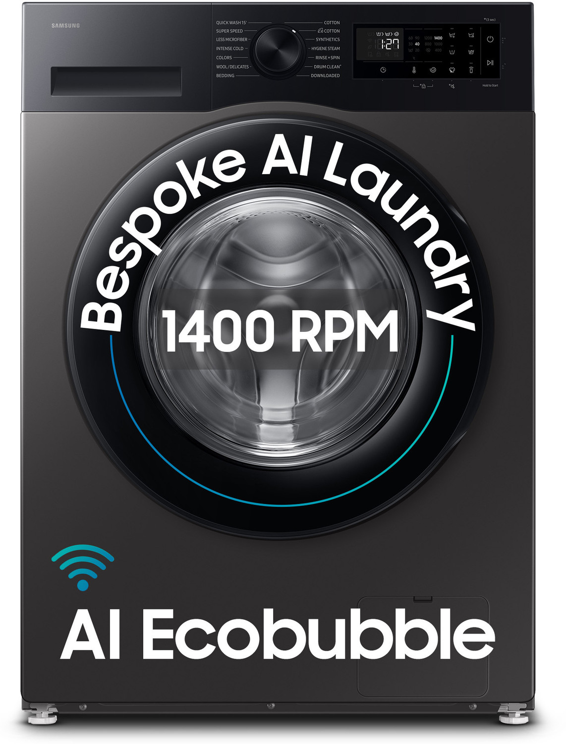 Image of Samsung 12 kg 5 Star, AI Ecobubble, Super Speed, Wi-Fi, Hygiene Steam, Digital Inverter Motor Fully Automatic Front Load Washing Machine with In-built Heater Black, Grey