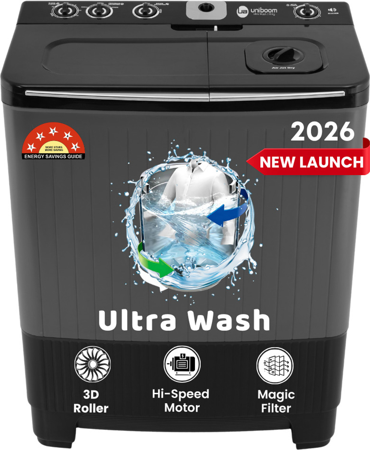 Image of Uniboom 10 kg Ultra Wash | Jet Dryer | Portable Wheels | Buzzer | Sleek Design | Magic Filter | Heavy Duty Motor Semi Automatic Top Load Washing Machine Grey, Black