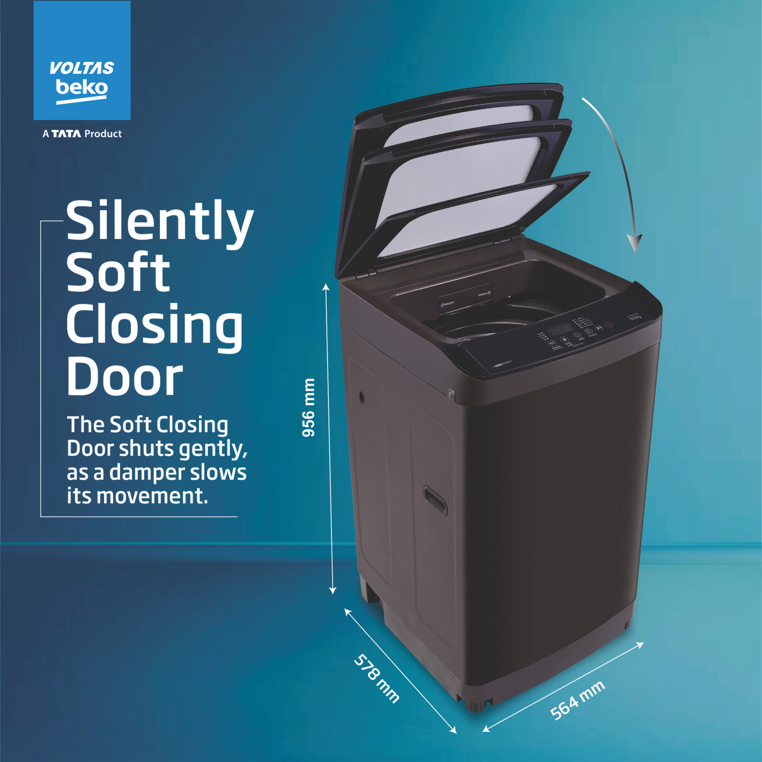 Image of Voltas Beko by A Tata Product 9 kg with Double waterfall, Multiple Wash Program, Waterproof IPX4 panel and Monsoon Dry option Fully Automatic Top Load Washing Machine Black, Grey