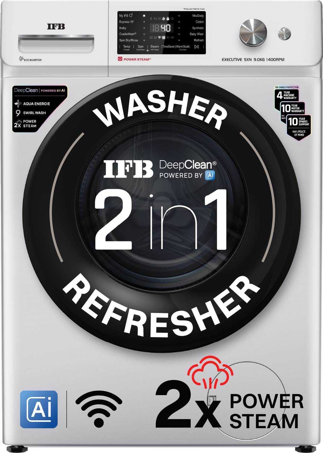 IFB 9 kg with 9 Swirl Wash, 2x Power Steam, 30 Min Steam Refresh Program, Eco Inverter Motor, WiFi Enabled, DeepClean Powered by Ai Fully Automatic Front Load Washing Machine with In-built Heater Black, Silver