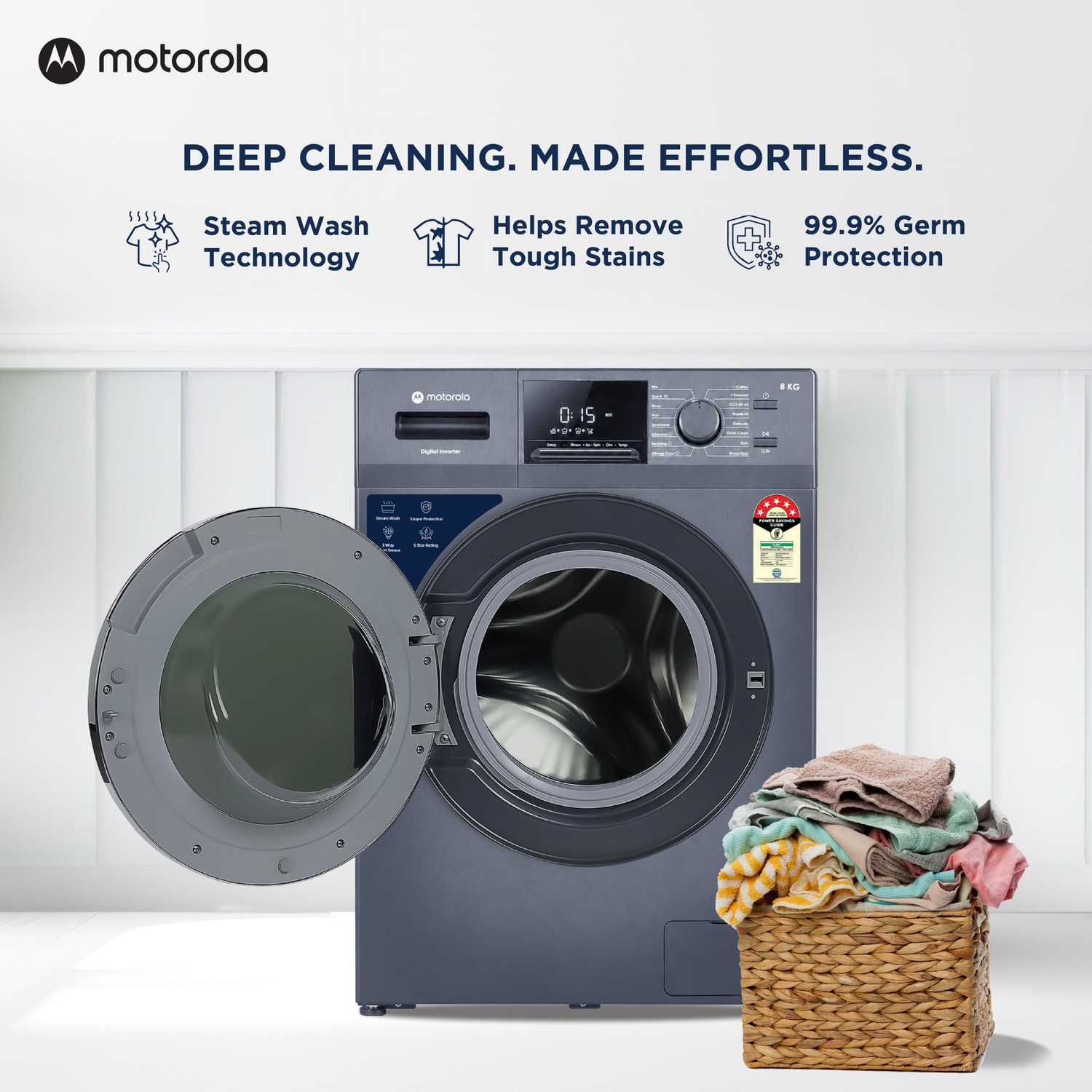 Image of MOTOROLA 8 kg Fully Automatic Front Load Washing Machine with In-built Heater Blue