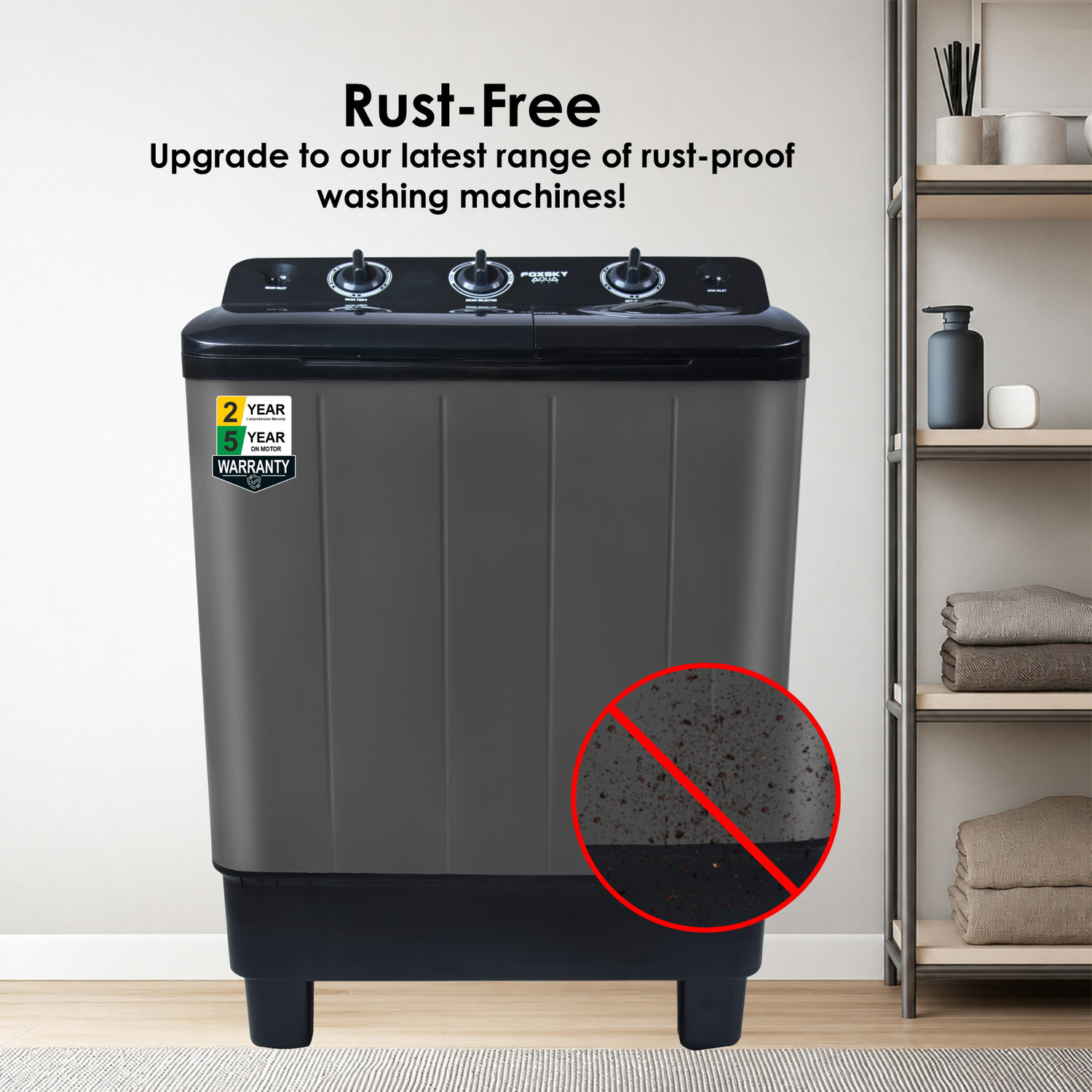 Image of FOXSKY 6.5 kg Semi Automatic Top Load Washing Machine Black