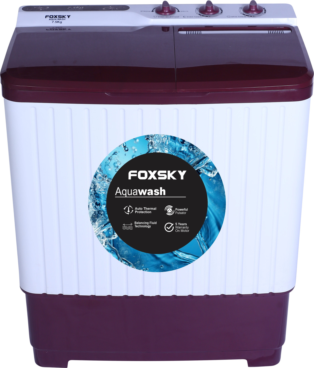 Image of FOXSKY 7.5 kg Semi Automatic Top Load Washing Machine White, Maroon