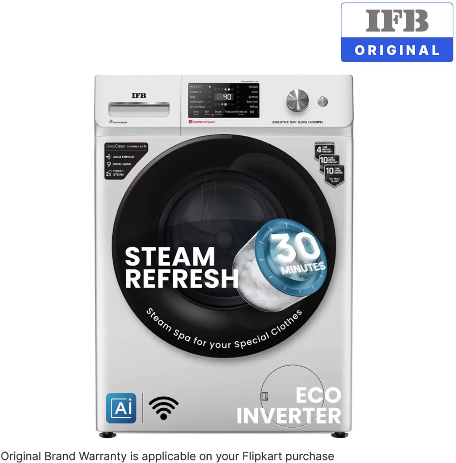 Image of IFB 9 kg 5 Star with Steam Refresh program, 9 Swirl Wash, Eco Inverter, with AI Fully Automatic Front Load Washing Machine with In-built Heater Black, Silver