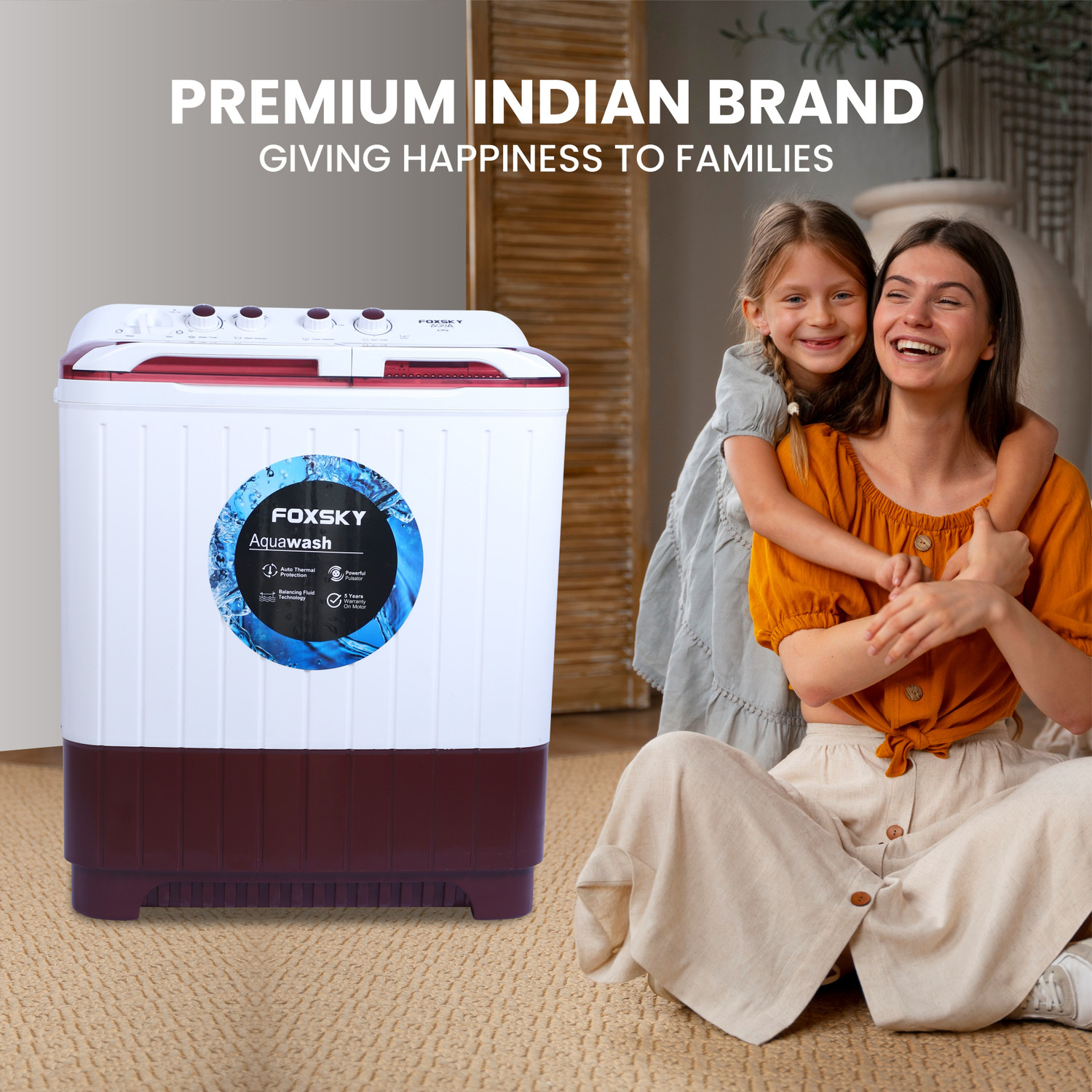 Image of FOXSKY 9.5 kg Semi Automatic Top Load Washing Machine Maroon, White