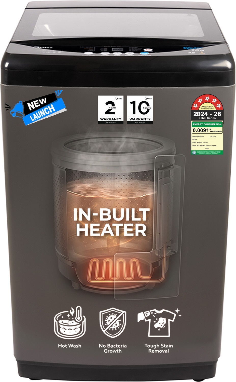Image of Midea 8 kg Fully Automatic Top Load with In-built Heater Black (MWMTL080FP1GHMB)