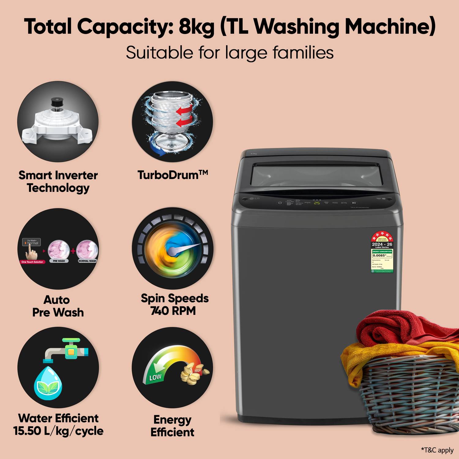 LG 8 kg Top Load Washing Machine Black - Image 4