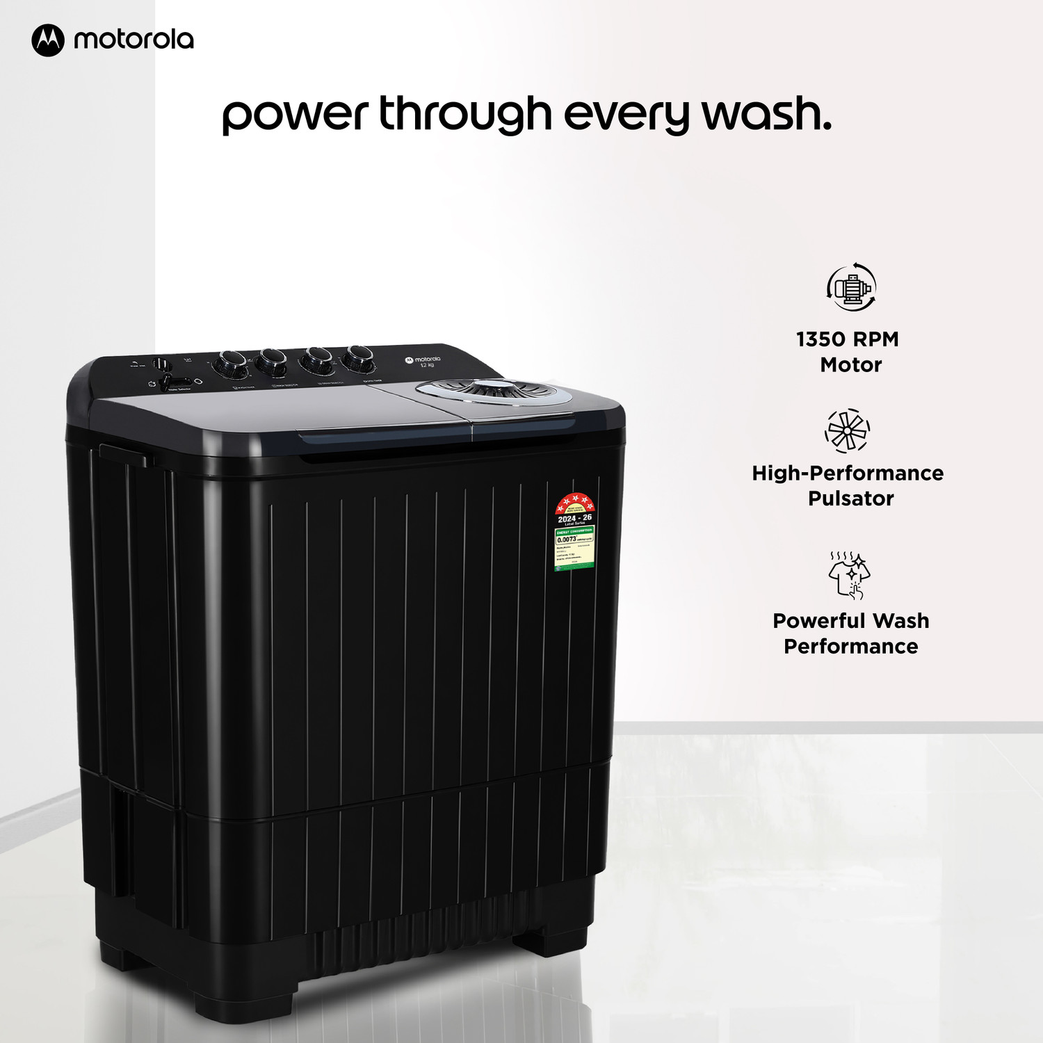 Image of MOTOROLA 12 kg Semi Automatic Top Load Washing Machine Black