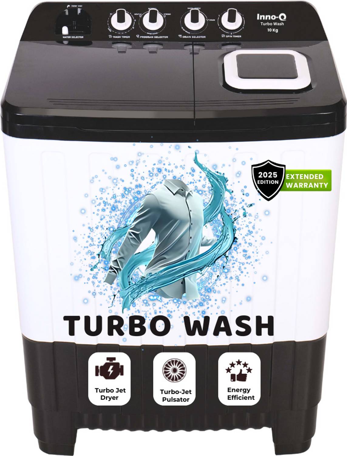 InnoQ 10 kg | Turbo Wash | Buzzer | Wheels | Turbo Jet Dryer | Magic Filter | Lint Filter Semi Automatic Top Load Washing Machine Black