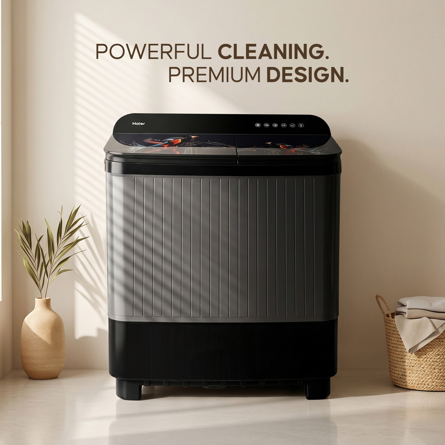 Image of Haier 11 kg Thunder Pulsator, Toughened Glass Lid, Oxyi Dry, Magic Filter & Castor Wheels Semi Automatic Top Load Washing Machine Black