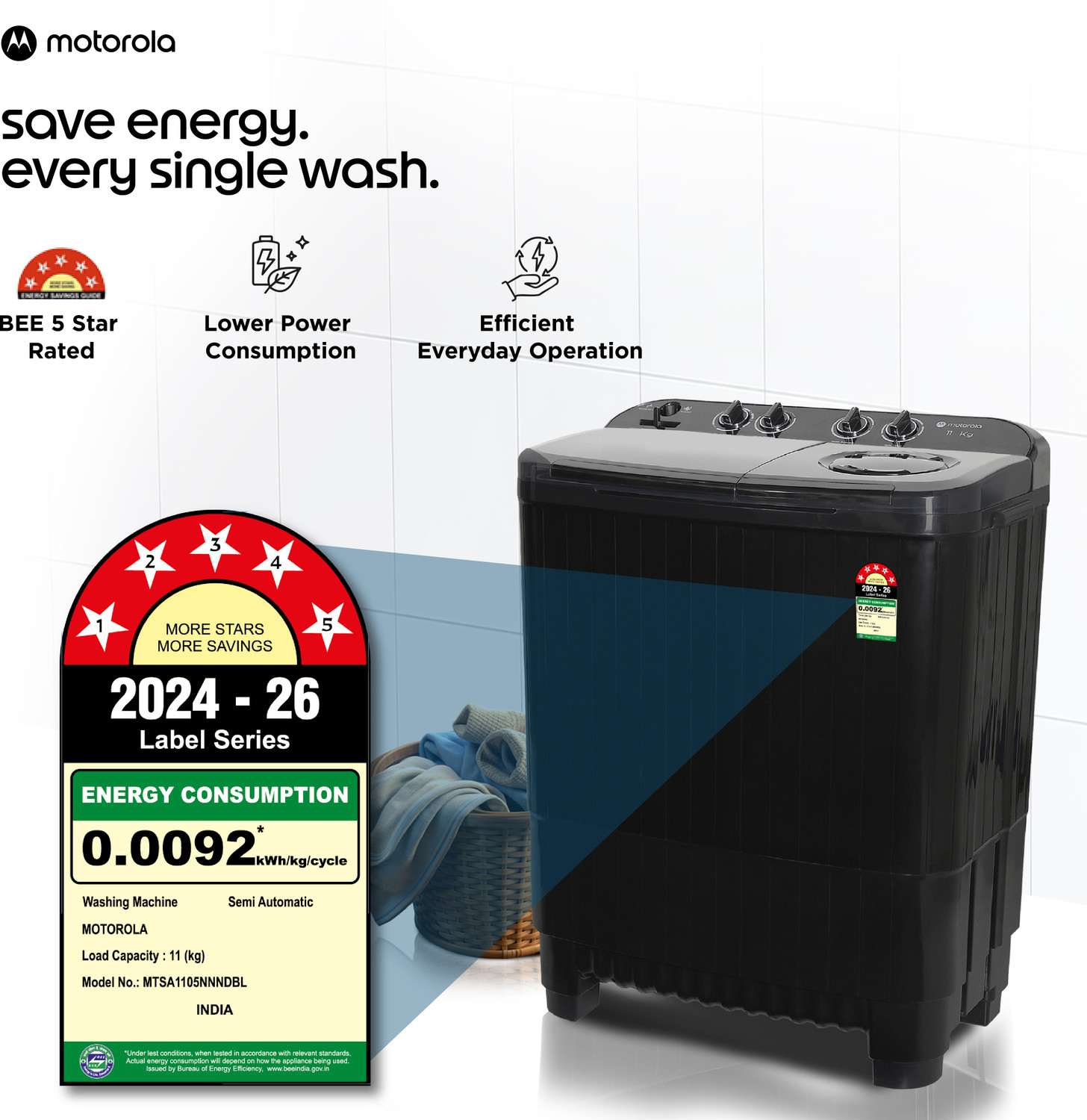 Image of MOTOROLA 11 kg Semi Automatic Top Load Washing Machine Black
