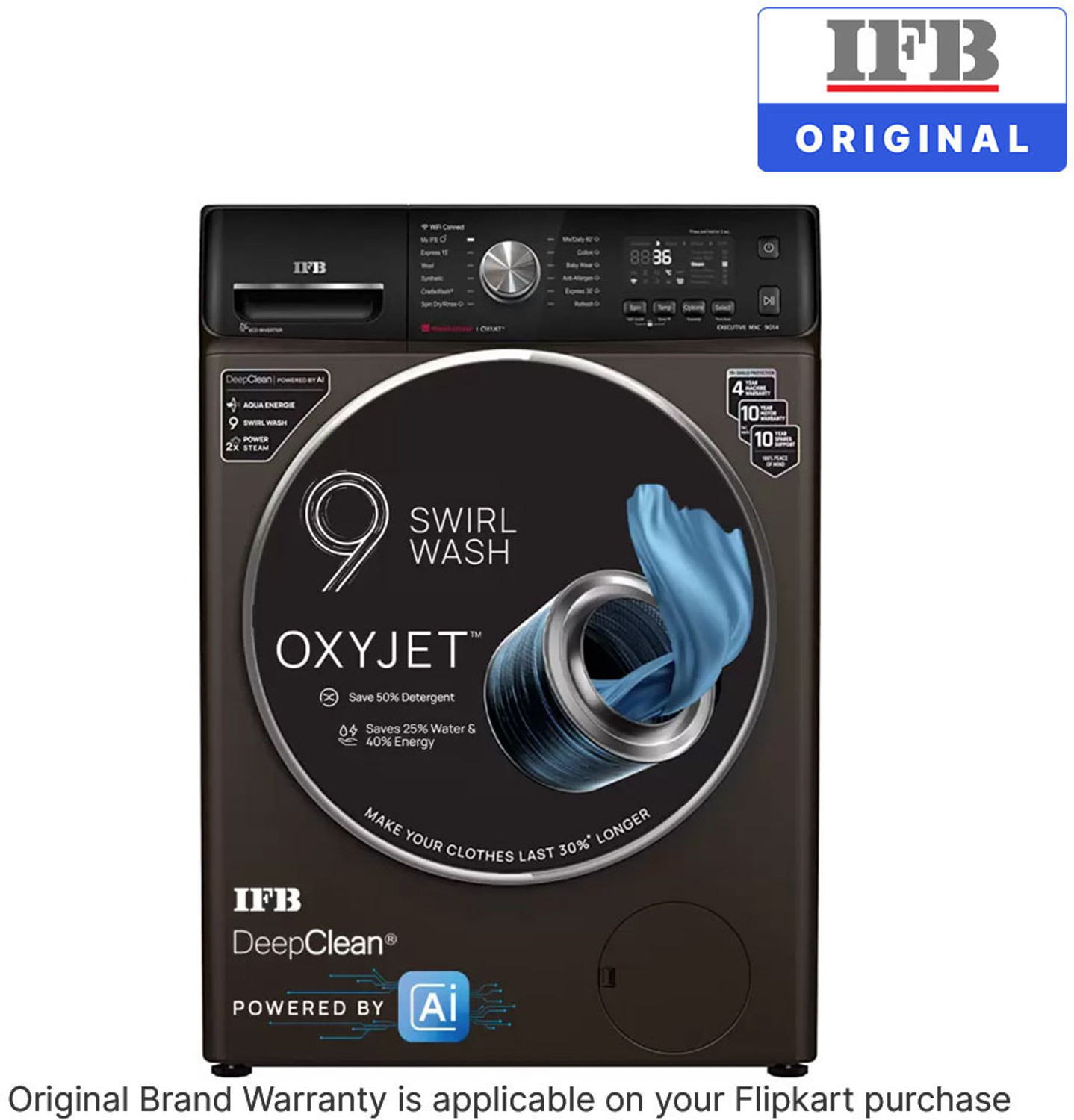Image of IFB 9 kg with Steam 5 Star AI Powered Eco Inverter with Wi-Fi EnabledOxyjet� 9 Swirl Wash Fully Automatic Front Load Washing Machine with In-built Heater Brown
