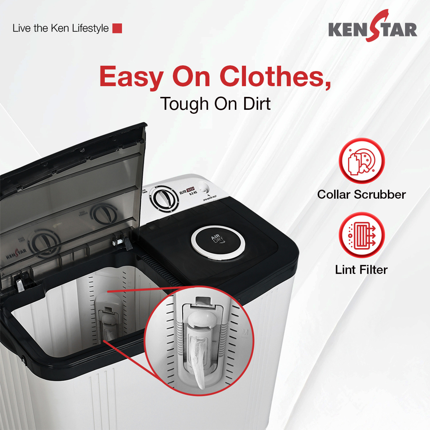 Image of Kenstar 6.5 Kg Swift Dry Lid Semi Automatic Top Load Washing Machine White, Grey