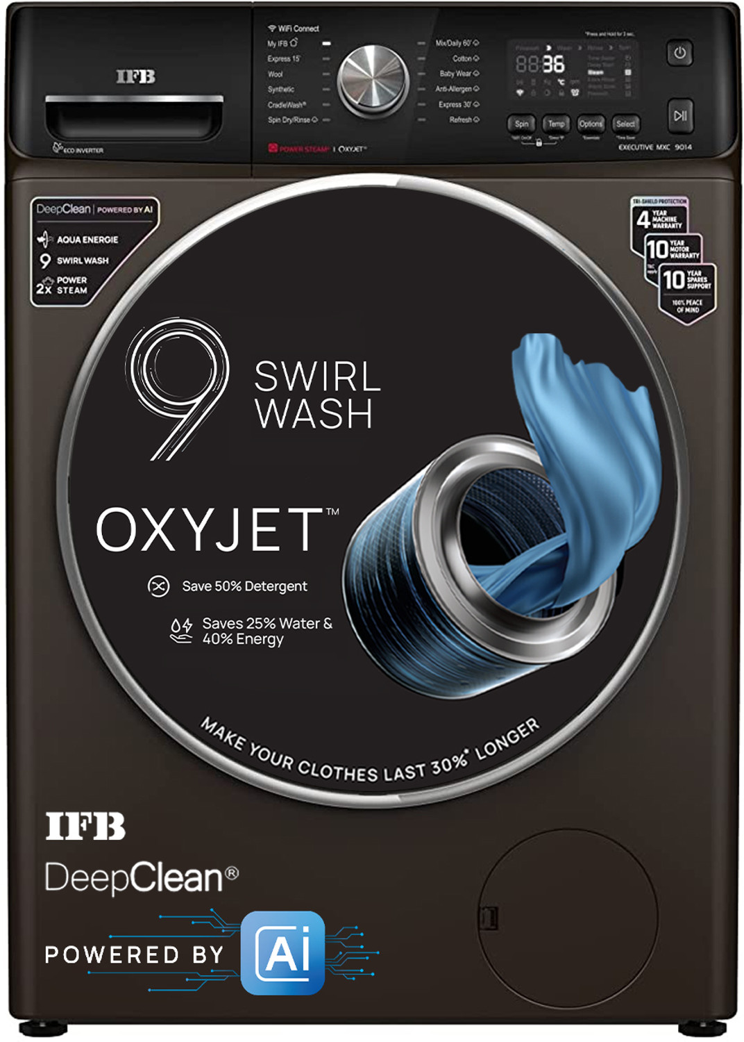 Image of IFB 9 kg with Steam 5 Star AI Powered Eco Inverter with Wi-Fi EnabledOxyjet� 9 Swirl Wash Fully Automatic Front Load Washing Machine with In-built Heater Brown