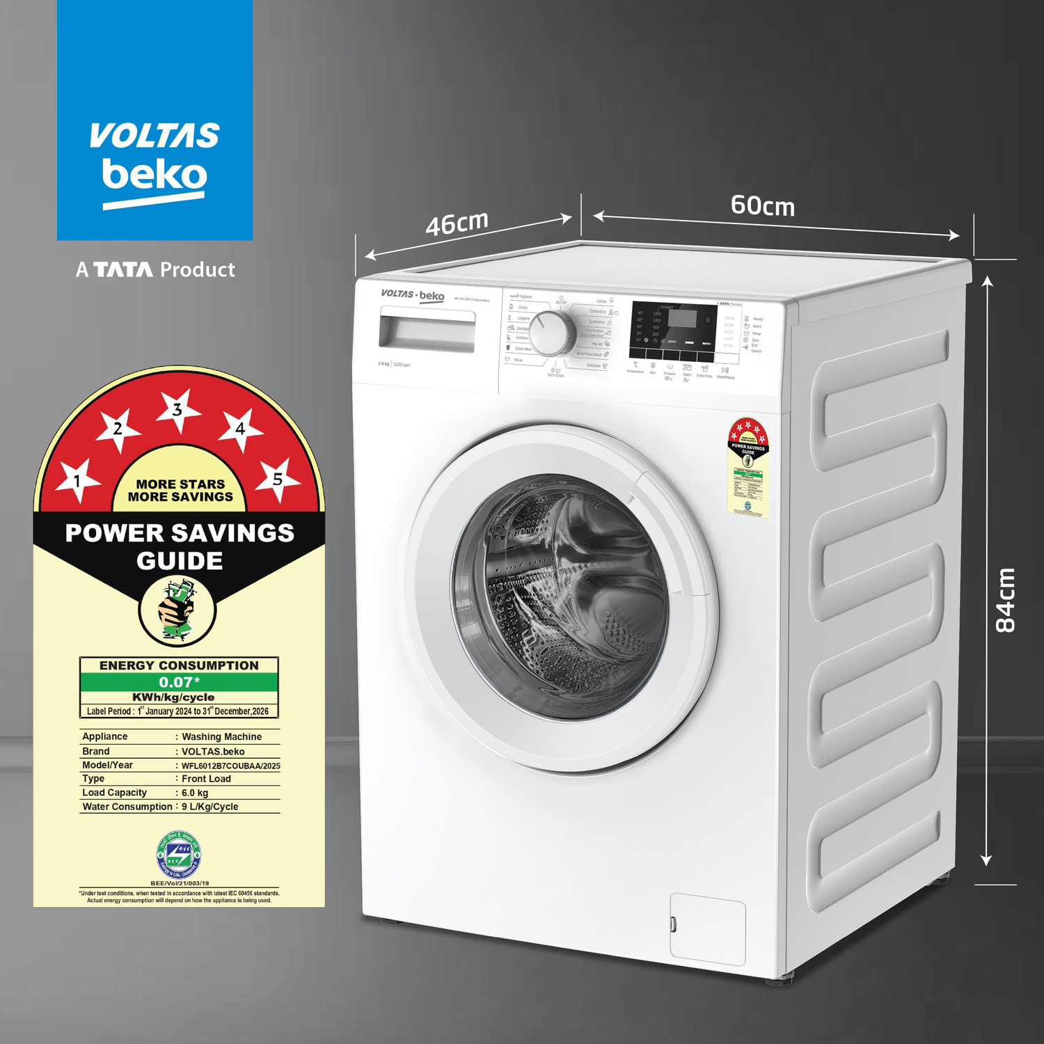 Image of Voltas Beko by A Tata Product 6 kg 5 Star Fully Automatic Front Load Washing Machine with In-built Heater White