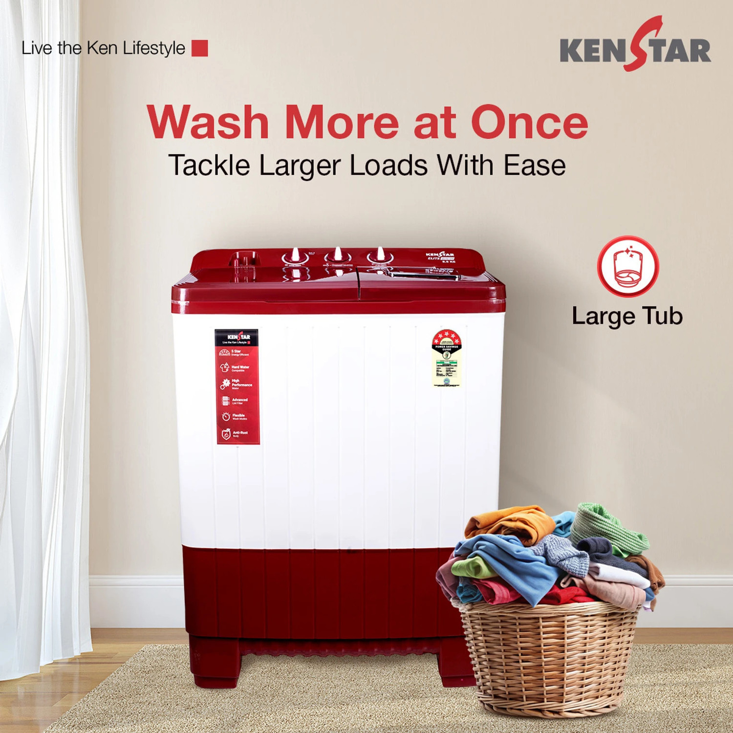 Image of Kenstar 9 kg Semi Automatic Top Load Washing Machine Red, White