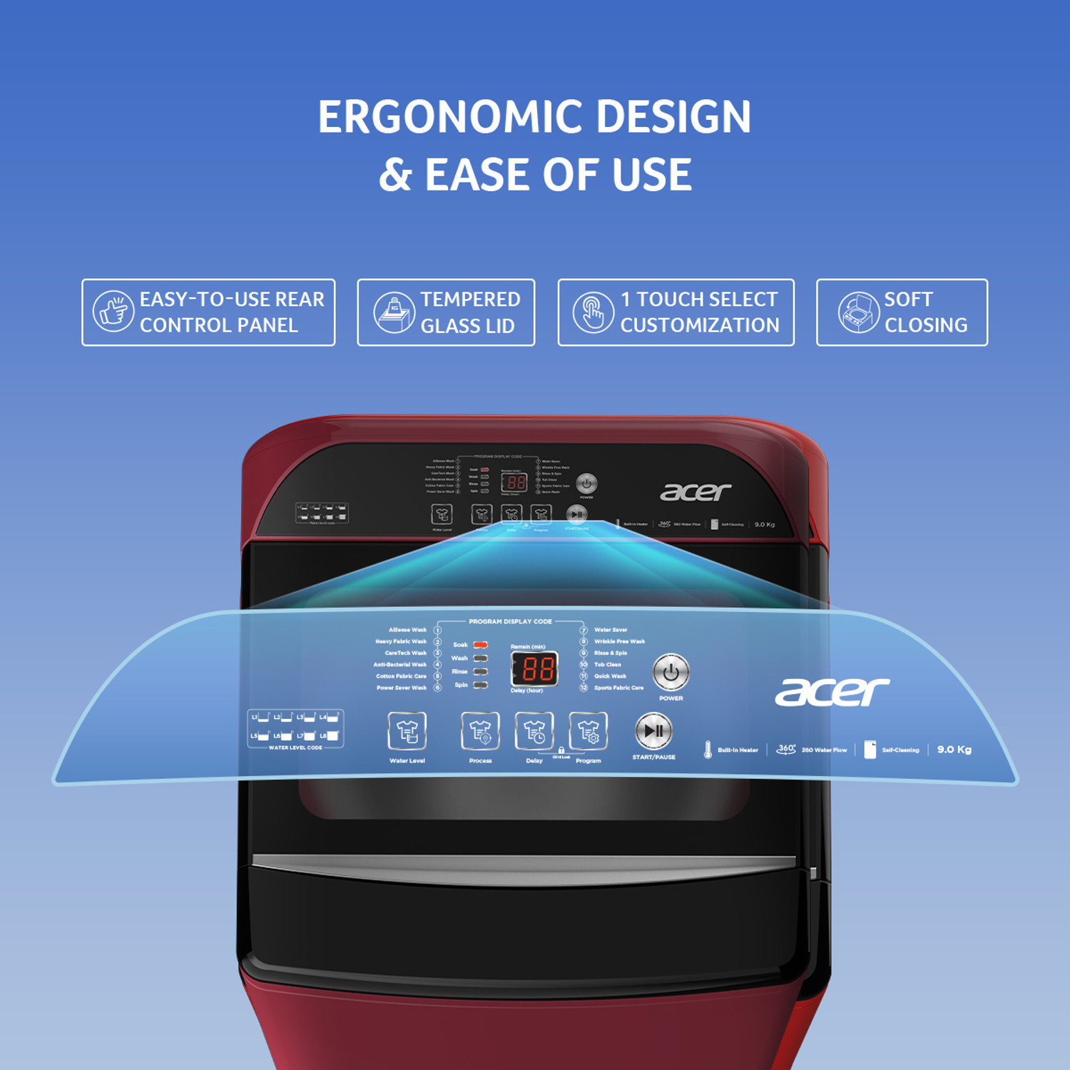 Image of Acer 9 kg Fully Automatic Top Load Washing Machine with In-built Heater Maroon