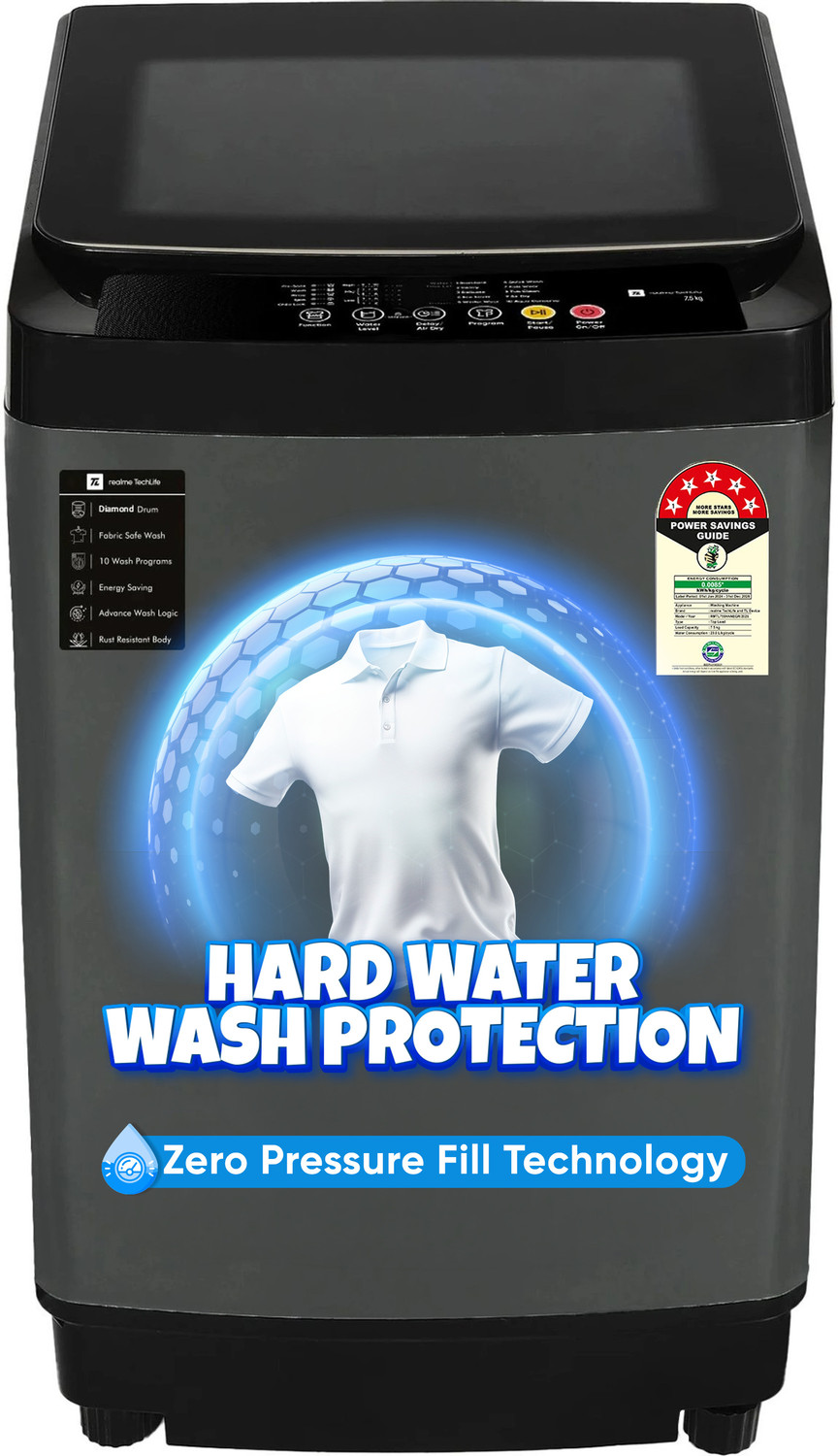 Image of realme TechLife 7.5 kg Fully Automatic Top Load Washing Machine Black, Grey