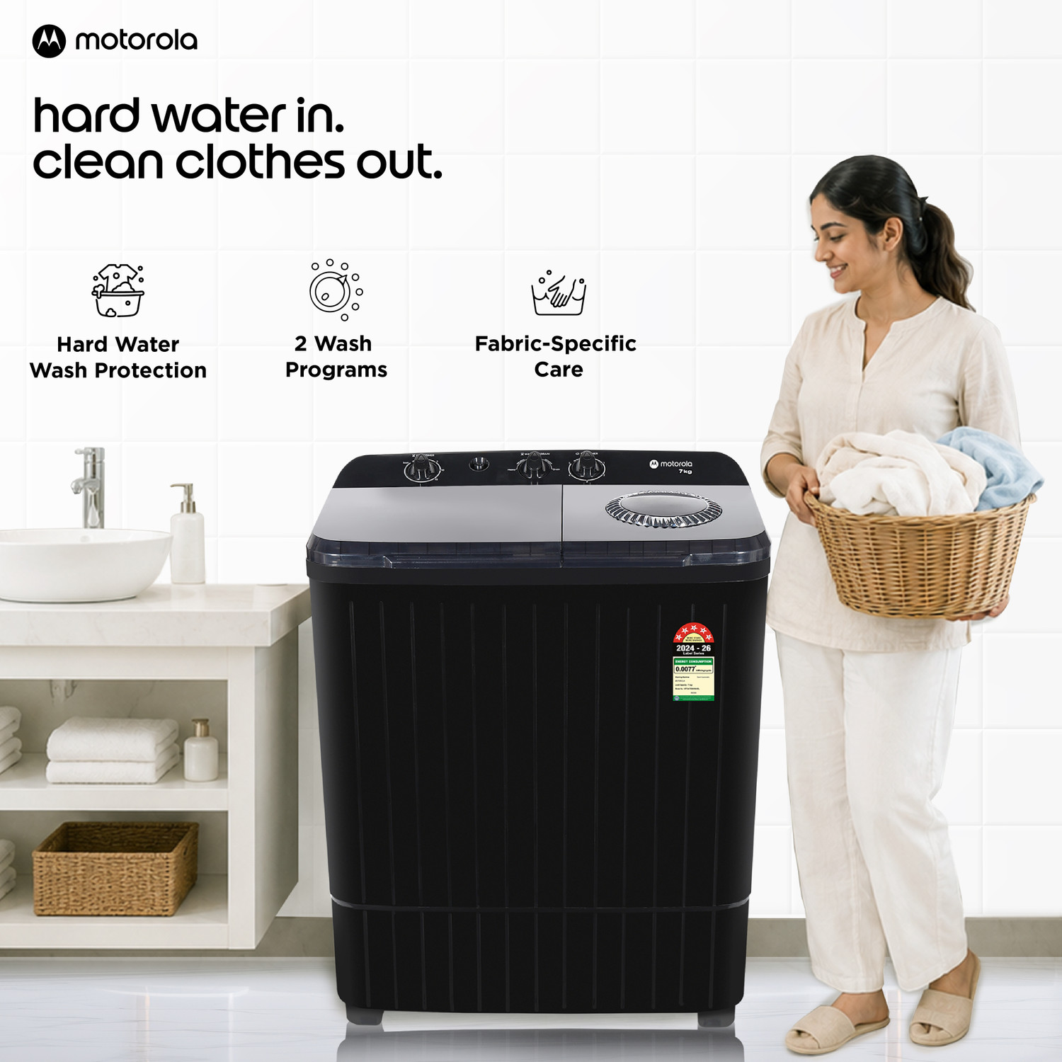 Image of MOTOROLA 7 kg Semi Automatic Top Load Washing Machine Black