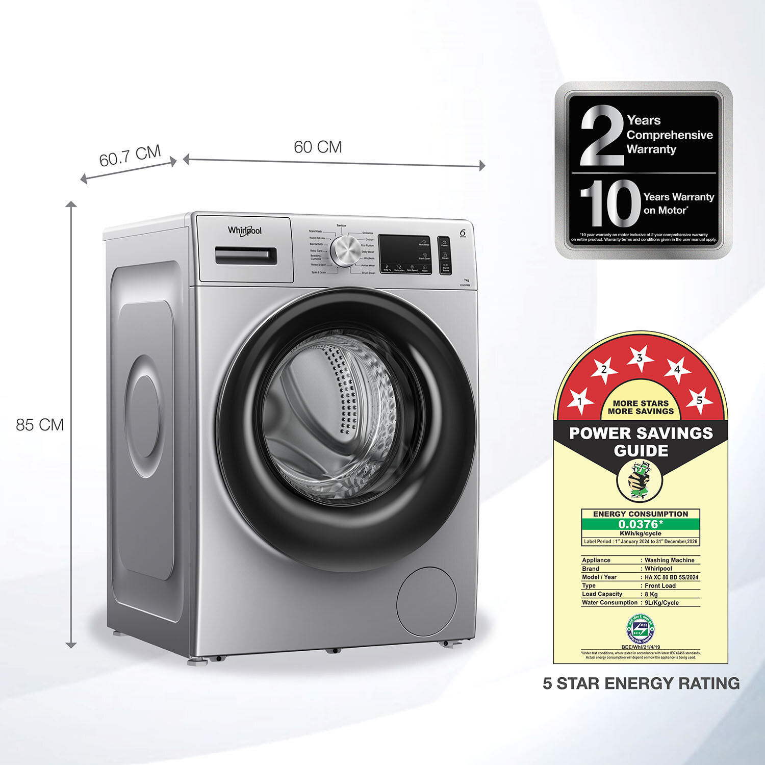 Image of Whirlpool 7 kg 5 Star Inverter 100+ Tough Stains, Steam Technology Fully Automatic Front Load Washing Machine with In-built Heater Silver