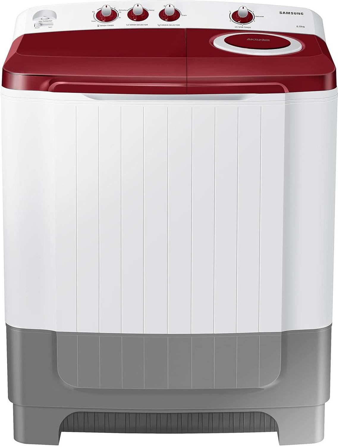 Samsung 8 kg 5 Star Hexa Storm Pulsator Semi Automatic Top Load Washing Machine White, Grey