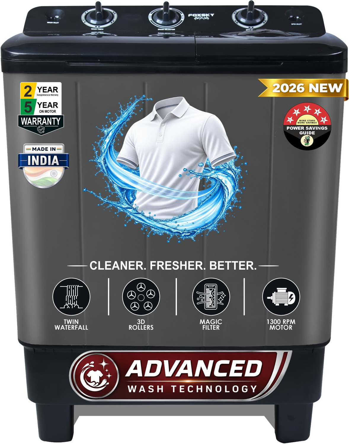 Image of FOXSKY 6.5 kg Semi Automatic Top Load Washing Machine Black