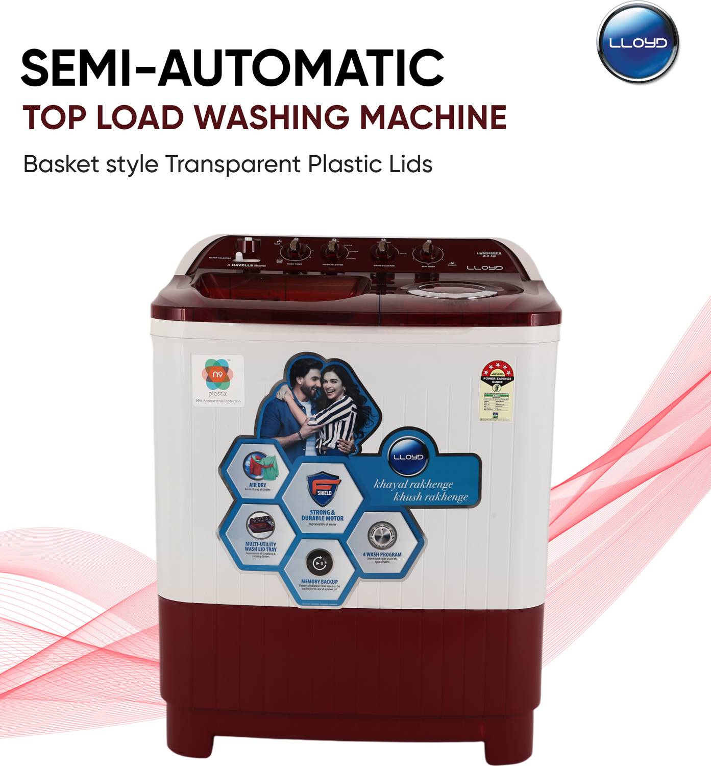 Lloyd 8.5 kg Semi Automatic Top Load Red, White
