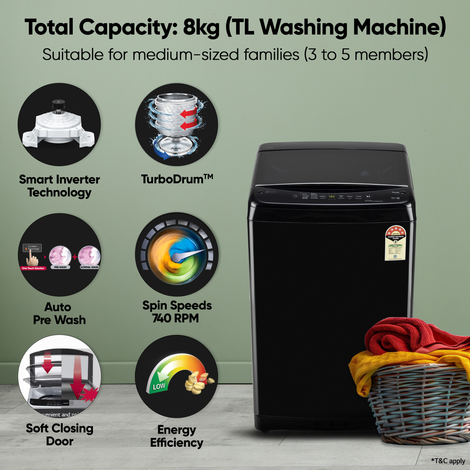 Image of LG 8 kg 5 Star, Smart Inverter Technology, Wi-Fi Enabled, Turbowash, Turbodrum, Stain Clean, Hard Water Wash, Jetspray+ with In-built heater Fully Automatic Top Load Washing Machine with In-built Heater Black
