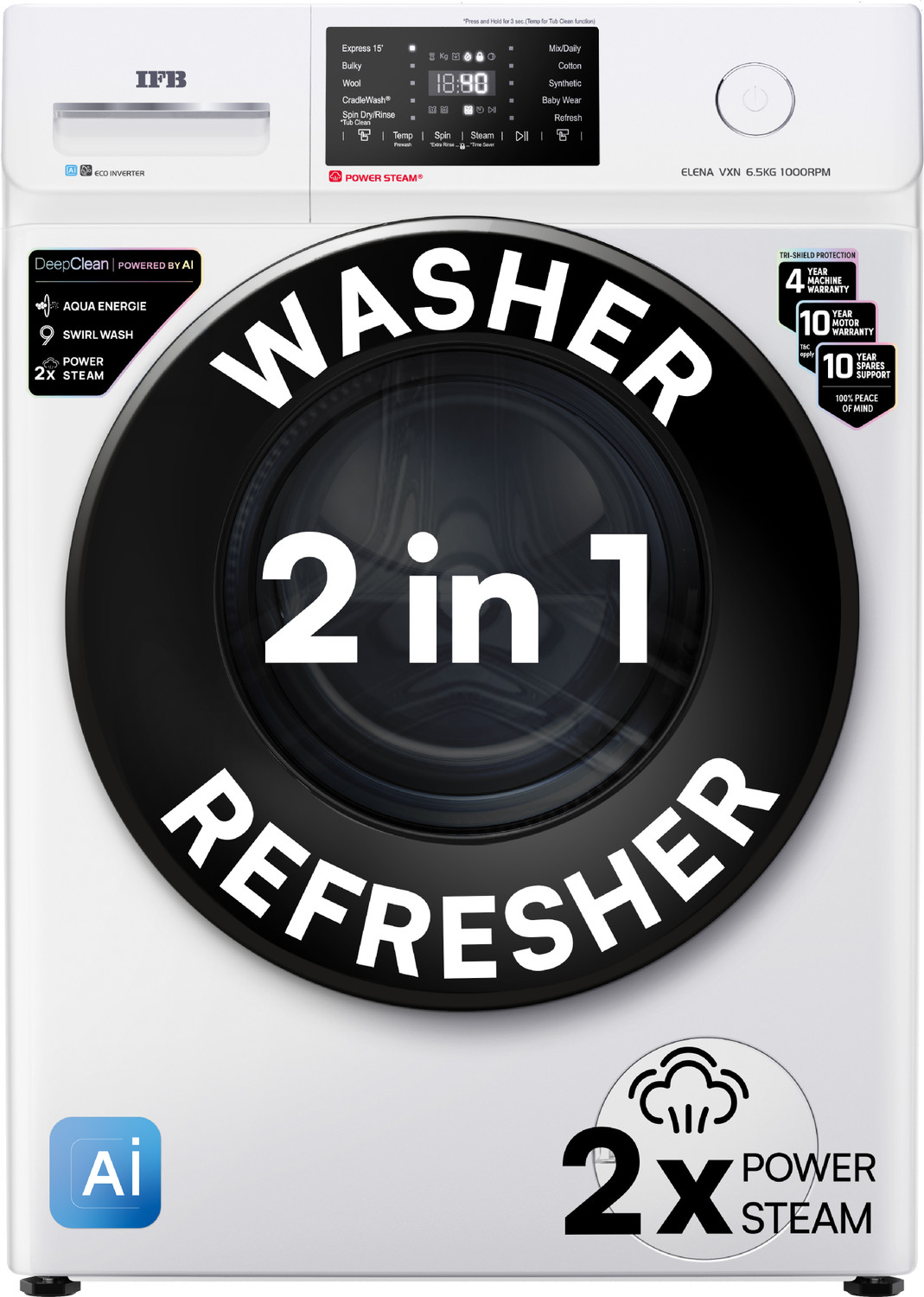 Image of IFB 6.5 kg 6.5 kg 5 Star with Steam Refresh program, 9 Swirl Wash, Eco Inverter, Powered by AI with Power Steam Fully Automatic Front Load with In-built Heater White Fully Automatic Front Load Washing Machine White