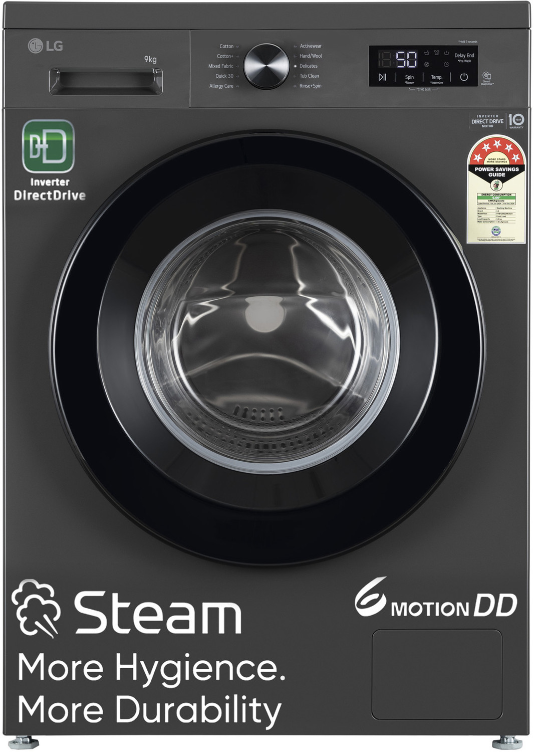 Image of LG 9 kg 5 Star, Inverter Direct Drive Technology, 6 Motion DD, Reduce germs & allergens with steam cycles, In-built Heater, Touch Panel Fully Automatic Front Load Washing Machine with In-built Heater Black, Grey