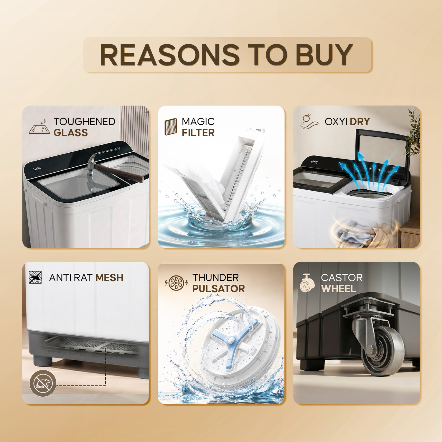 Image of Haier 10.5 kg Thunder Pulsator, Toughened Glass Lid, Oxyi Dry, Magic Filter & Castor Wheels Semi Automatic Top Load Washing Machine White