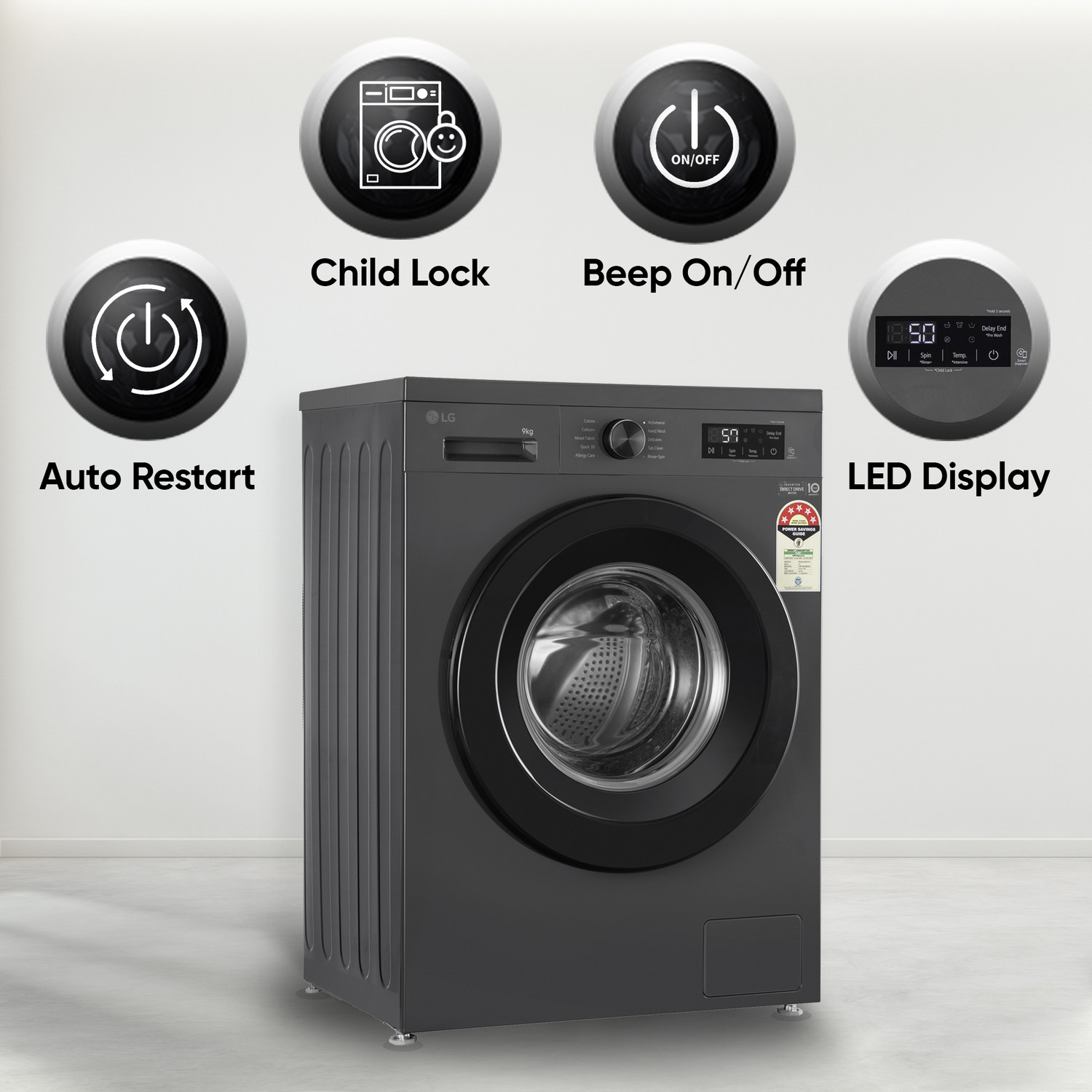 Image of LG 9 kg 5 Star, Inverter Direct Drive Technology, 6 Motion DD, Reduce germs & allergens with steam cycles, In-built Heater, Touch Panel Fully Automatic Front Load Washing Machine with In-built Heater Black, Grey