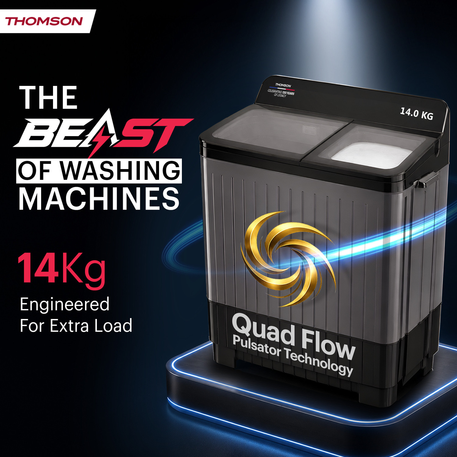Image of Thomson 14 kg 5 Star Aqua MagicToughened Glass with soft closure, Heavy Duty Motor, Magic Filter, Advance Soak Technology, Double Waterfall, Quad Flow Pulsator Technology, Aqua Balancer Technology, Semi Automatic Top Load Washing Machine Black