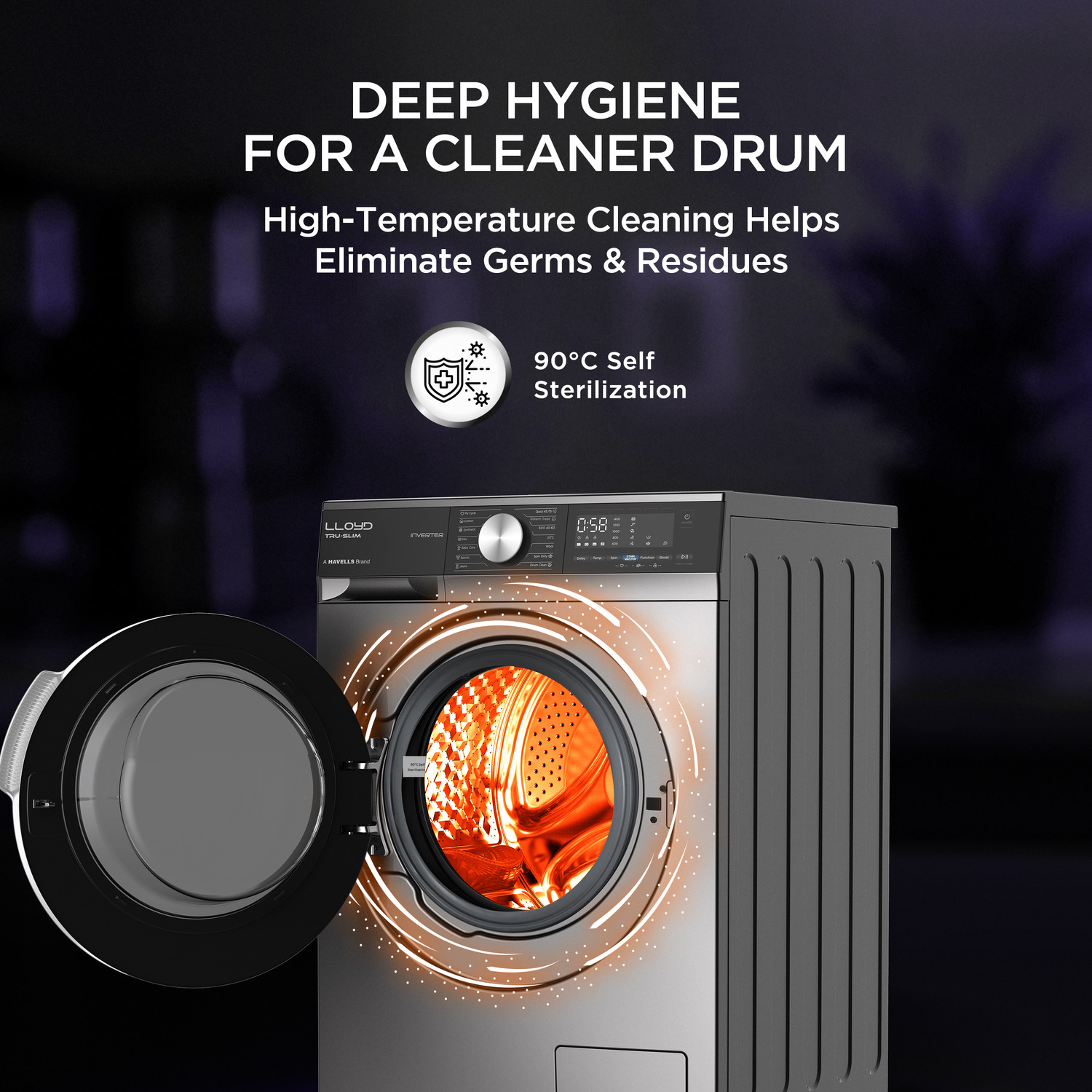 Image of Lloyd 7 kg Fully Automatic Front Load Washing Machine with In-built Heater Black