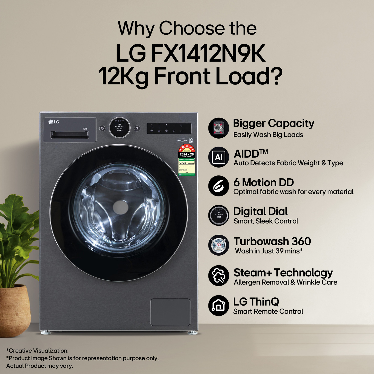 Image of LG 12 kg Fully Automatic Front Load Washing Machine with In-built Heater Black