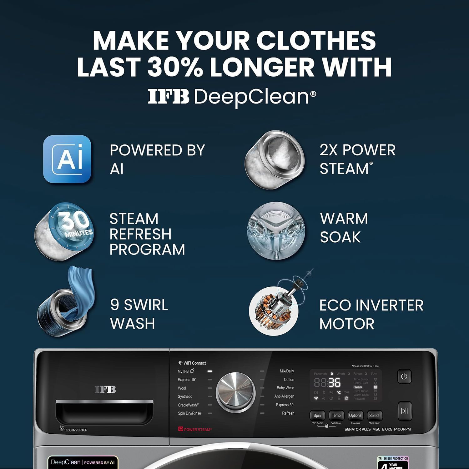 Image of IFB 8 kg 5 Star with Steam Refresh Program, 9 Swirl wash, Eco Inverter, Powered by AI with WiFi Fully Automatic Front Load Washing Machine with In-built Heater Silver, Black