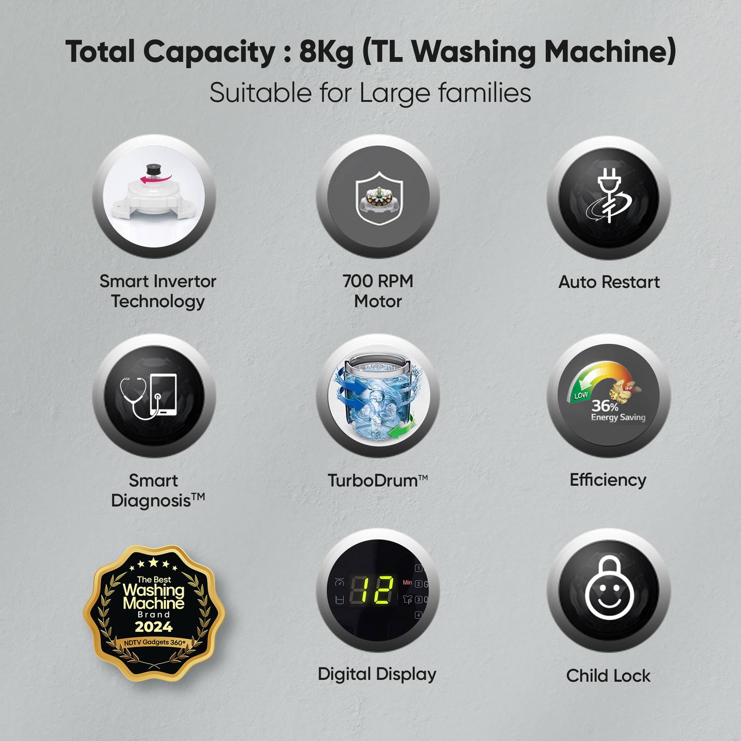 LG 8 kg Silver Top Load Washing Machine - Image 5