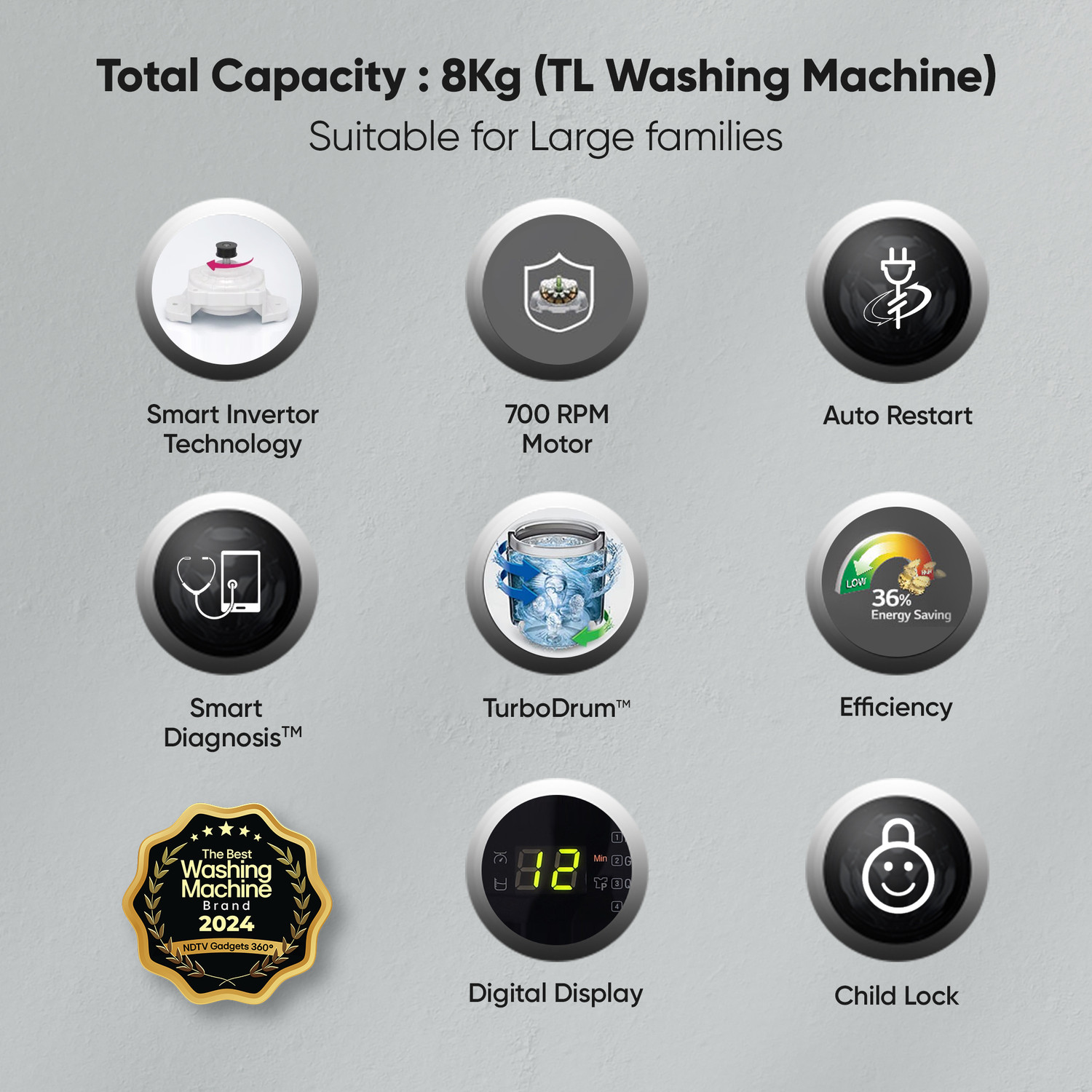 Image of LG 8 kg 5 Star with Smart Inverter Technology, TurboDrum and Smart Diagnosis Fully Automatic Top Load Washing Machine Silver