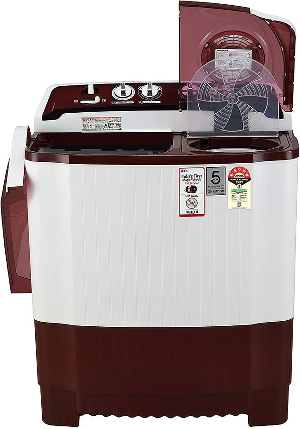 Image of LG 8 kg 5 Star with Roller Jet Pulsator with Soak, Wind Jet Dry and Rat Away, 6 Kg (Spin Tub Capacity) Semi Automatic Top Load Washing Machine Maroon, White
