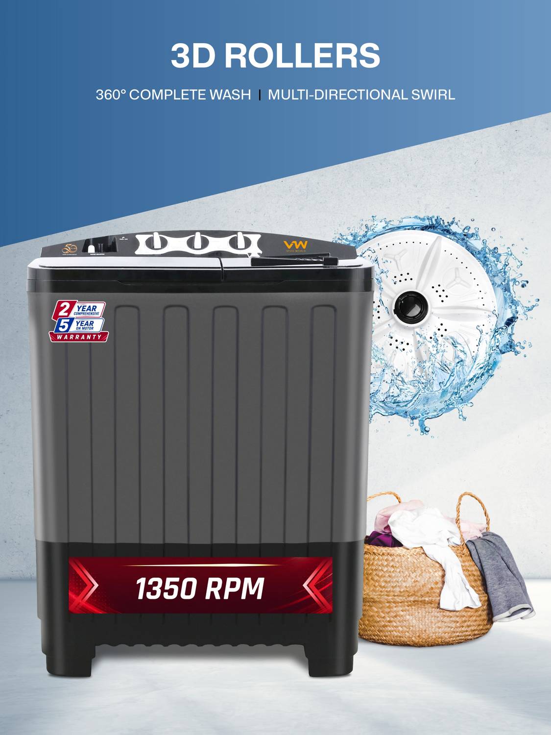 VW 7.5 kg Semi Automatic Top Load Washing Machine Black - Image 2
