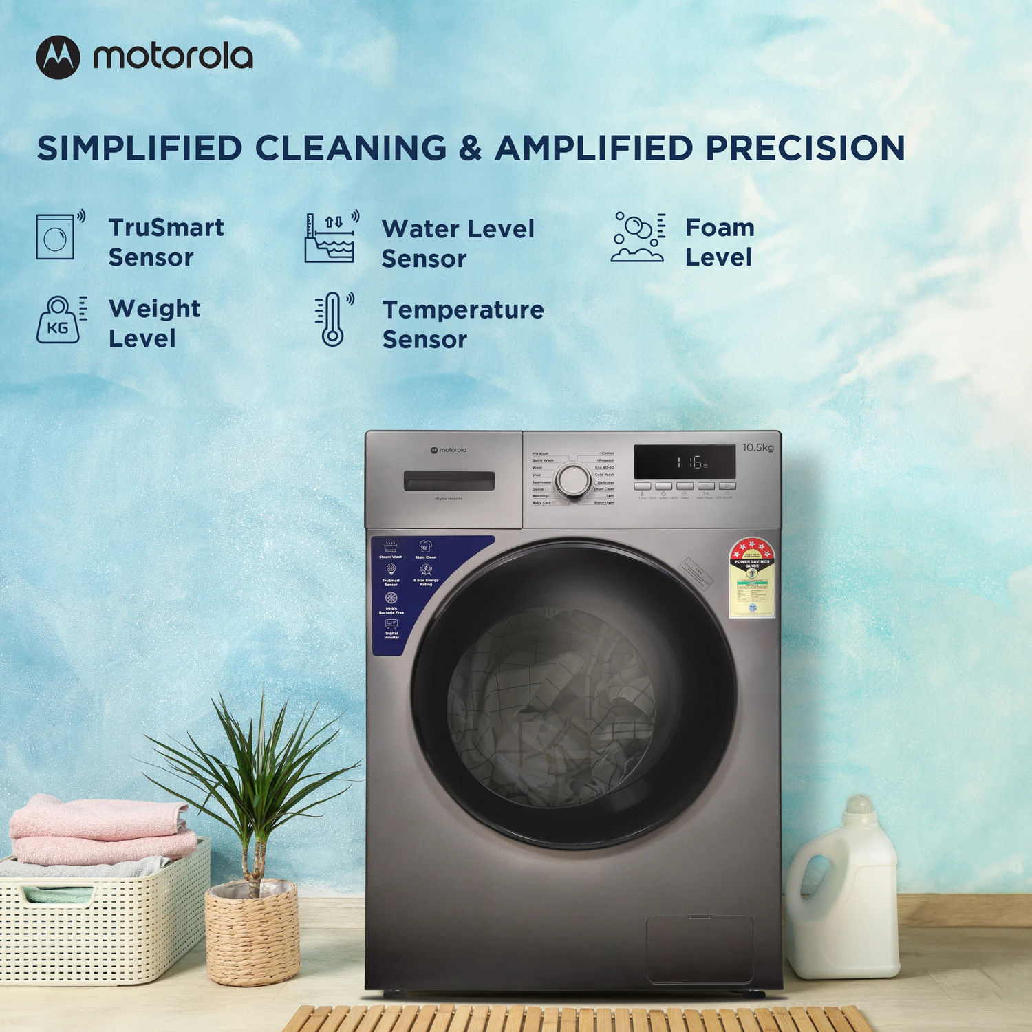 Image of MOTOROLA 10.5 kg Fully Automatic Front Load Washing Machine with In-built Heater Grey