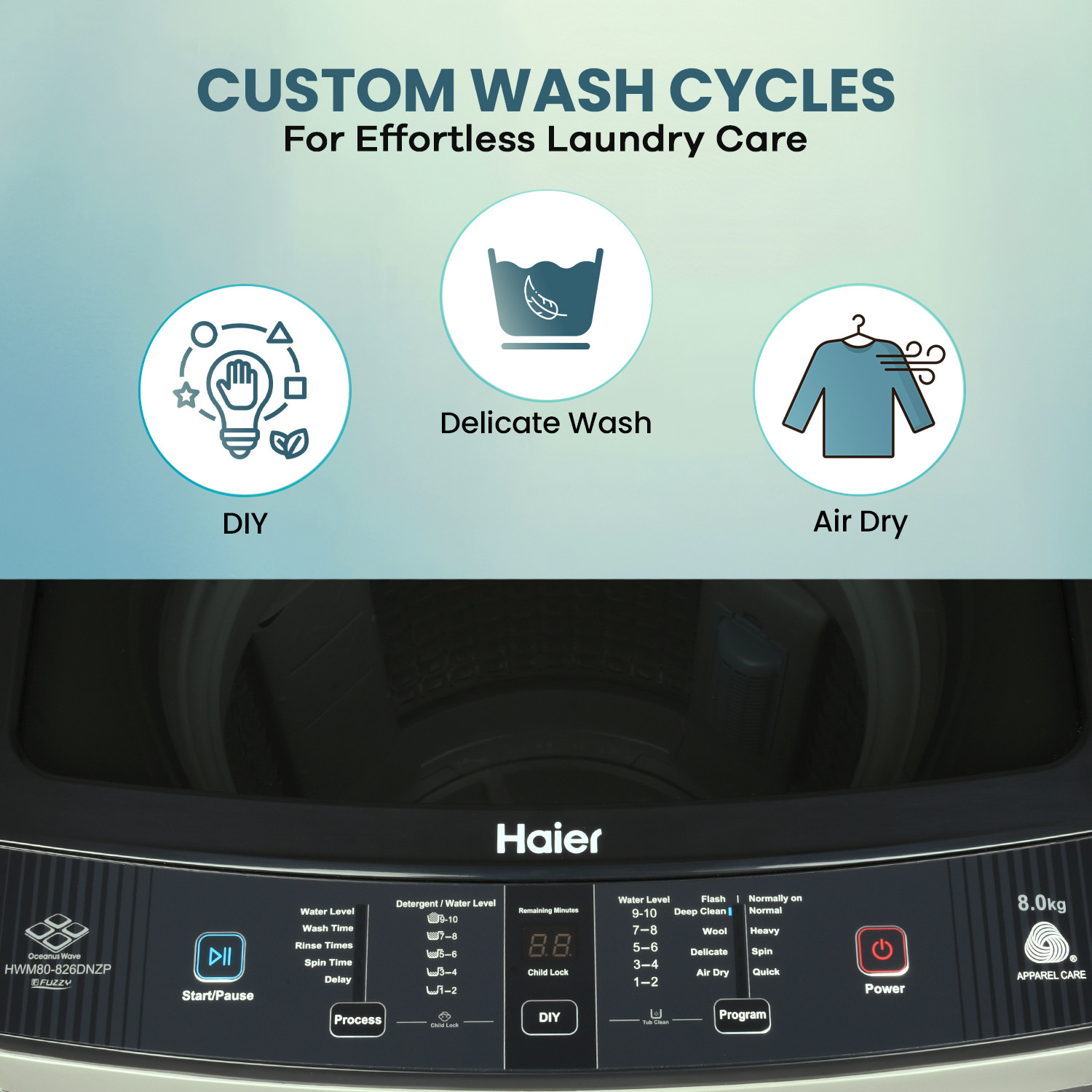 Image of Haier 8 kg Powerful Storm Pulsator, Custom Wash Cycles with Quick Wash, Near Zero Pressure Technology, Dual Magic Filter Fully Automatic Top Load Washing Machine Black, Grey