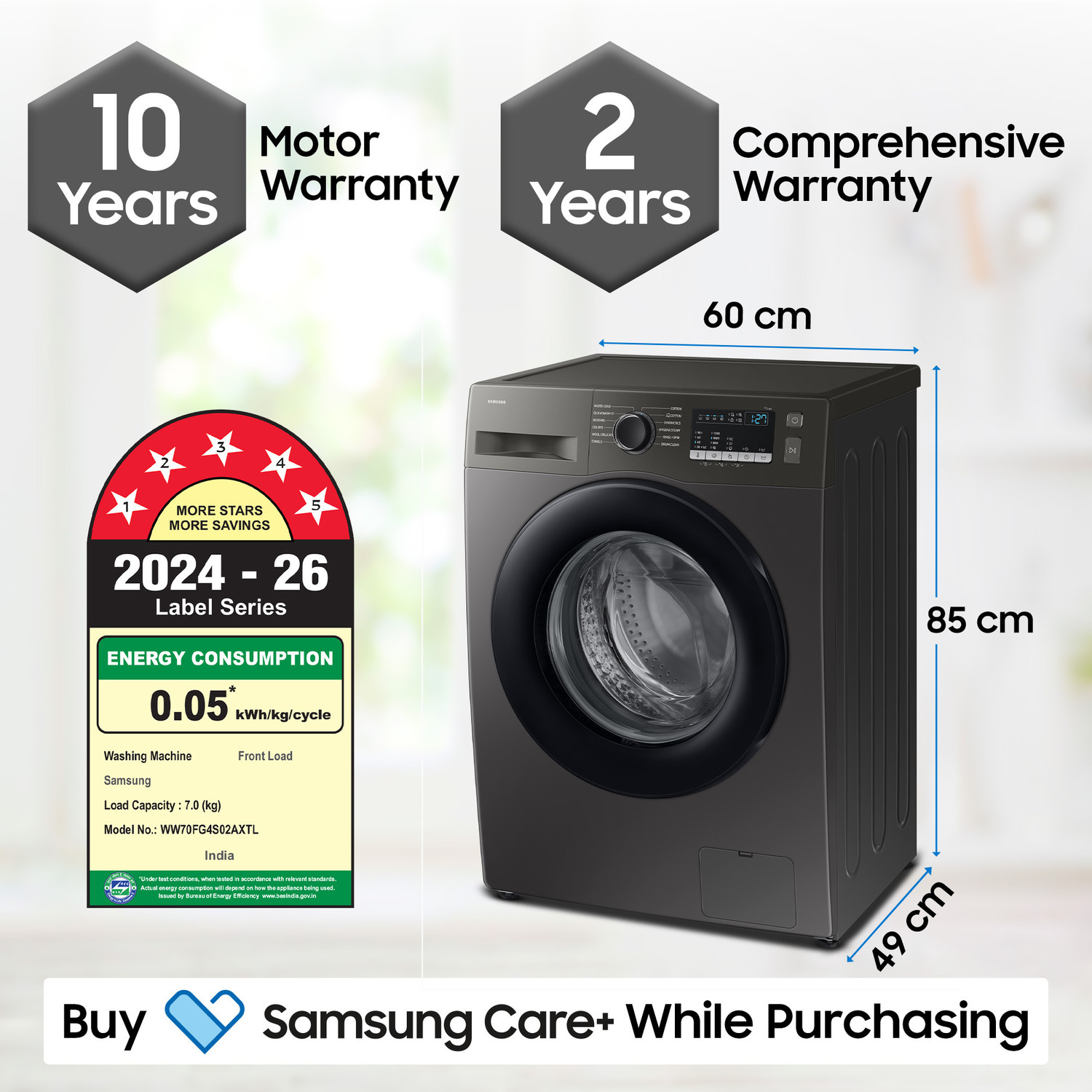 Image of Samsung 7 kg 5 Star, Hygiene Steam, Quick Wash, Digital Inverter Motor Fully Automatic Front Load Washing Machine with In-built Heater Grey