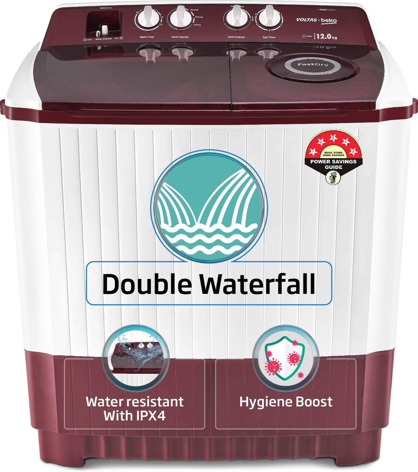 Voltas Beko by A Tata Product 12 kg A Tata Product Anti-allergen Hygiene Boost Washing Machine with Fast Dry and Water Proof IPX4 Panel Semi Automatic Top Load Maroon, White