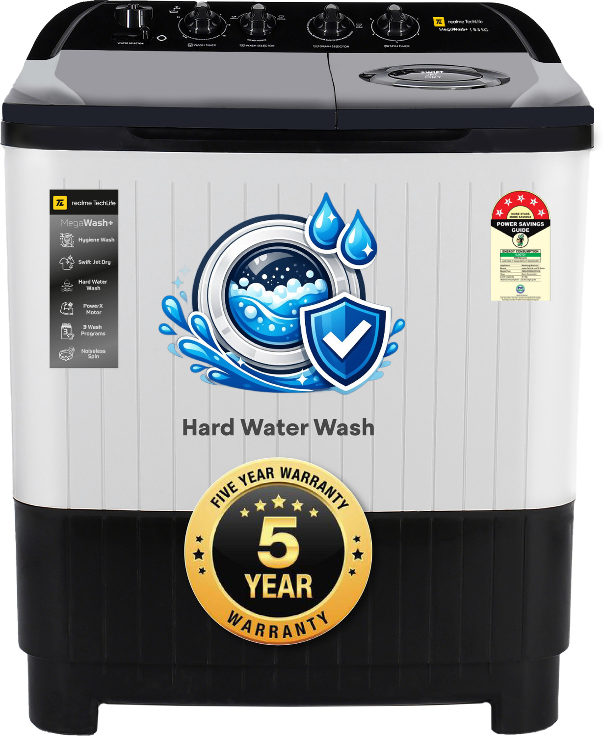 Image of realme TechLife 8.5 kg Semi Automatic Top Load Washing Machine Black, Grey