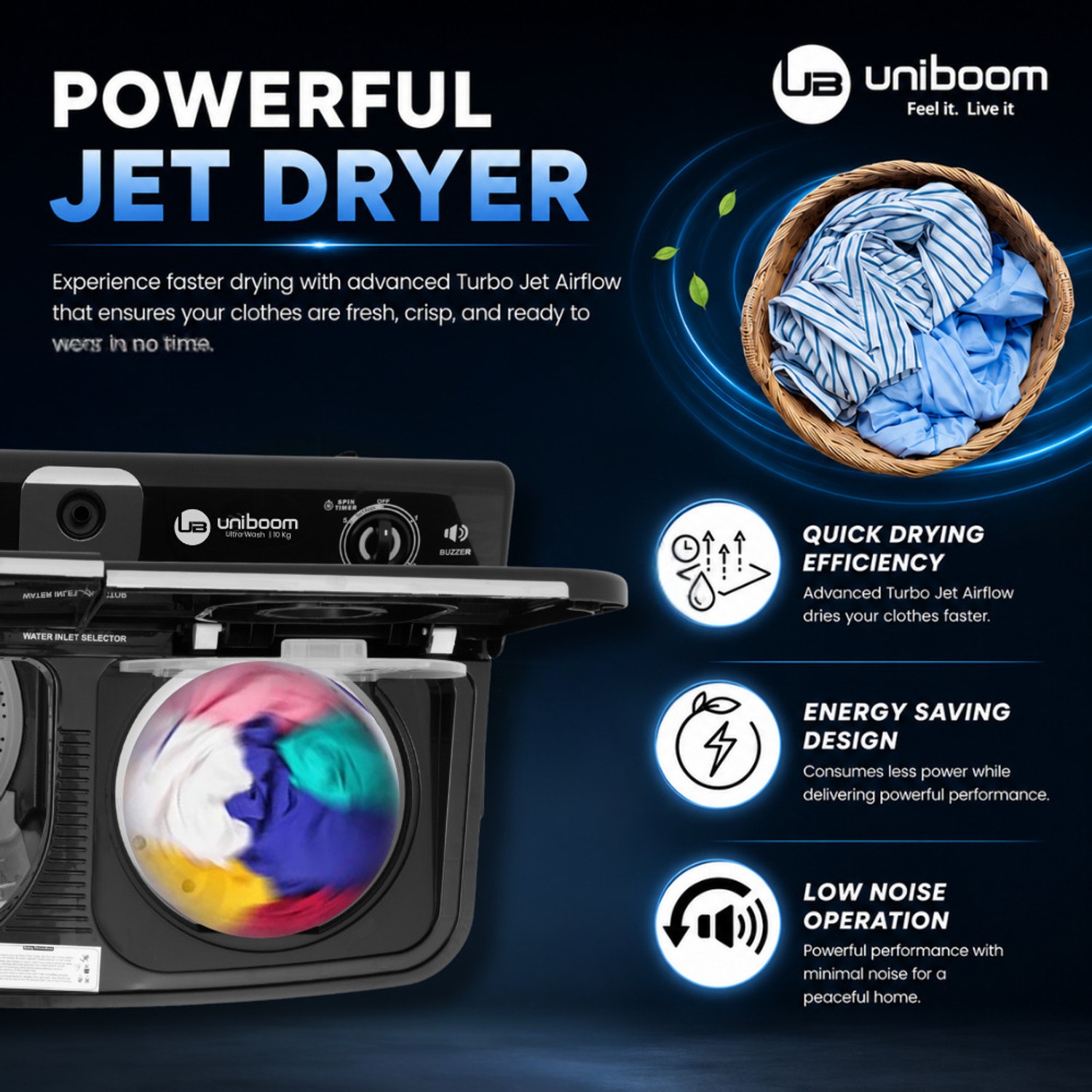 Image of Uniboom 10 kg Ultra Wash | Jet Dryer | Portable Wheels | Buzzer | Sleek Design | Magic Filter | Heavy Duty Motor Semi Automatic Top Load Washing Machine Grey, Black