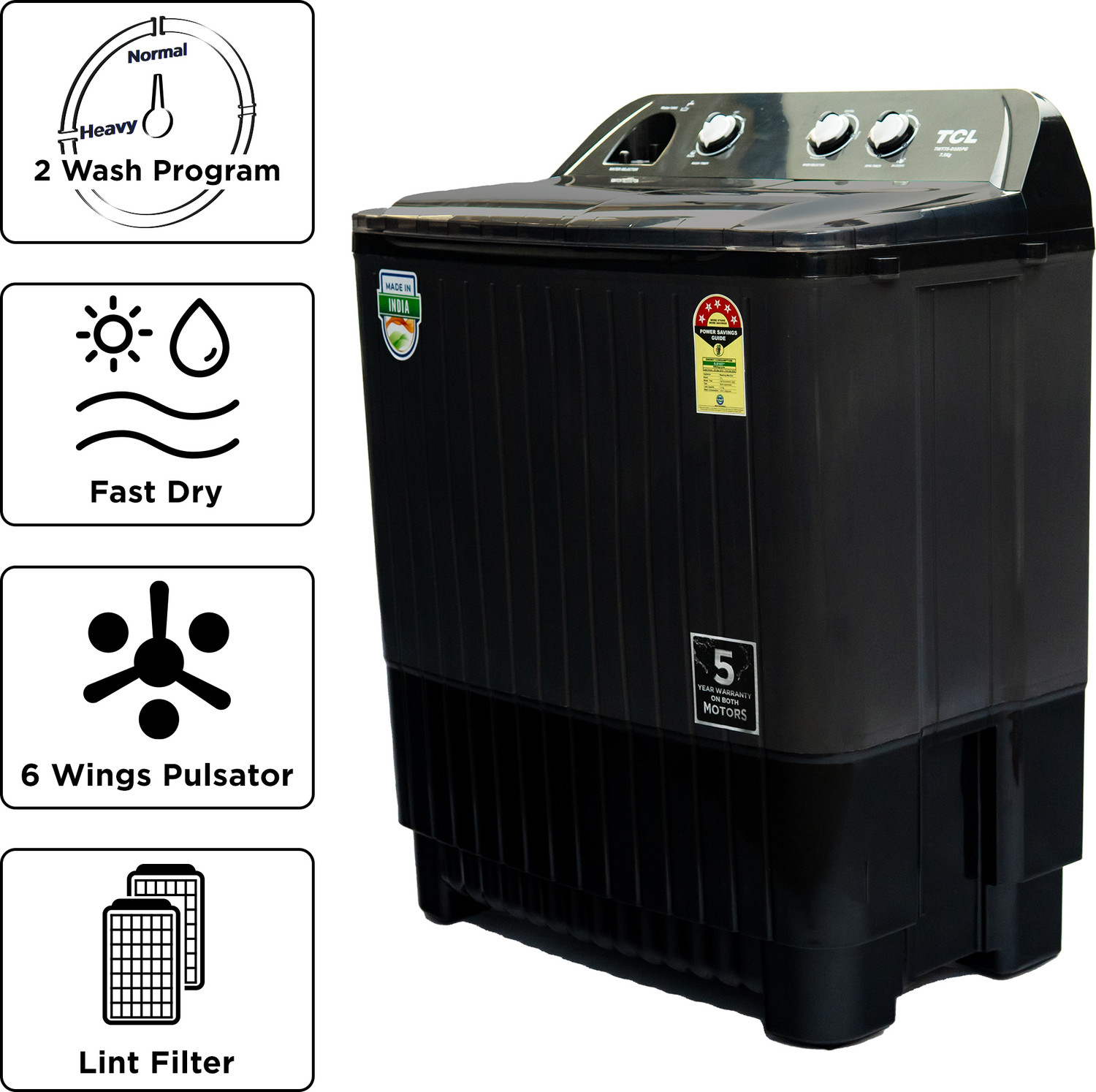 Image of TCL 7.5 kg 5 Star with Extra Powerful Motor Lint Filter, Fast Dry Semi Automatic Top Load Washing Machine Grey