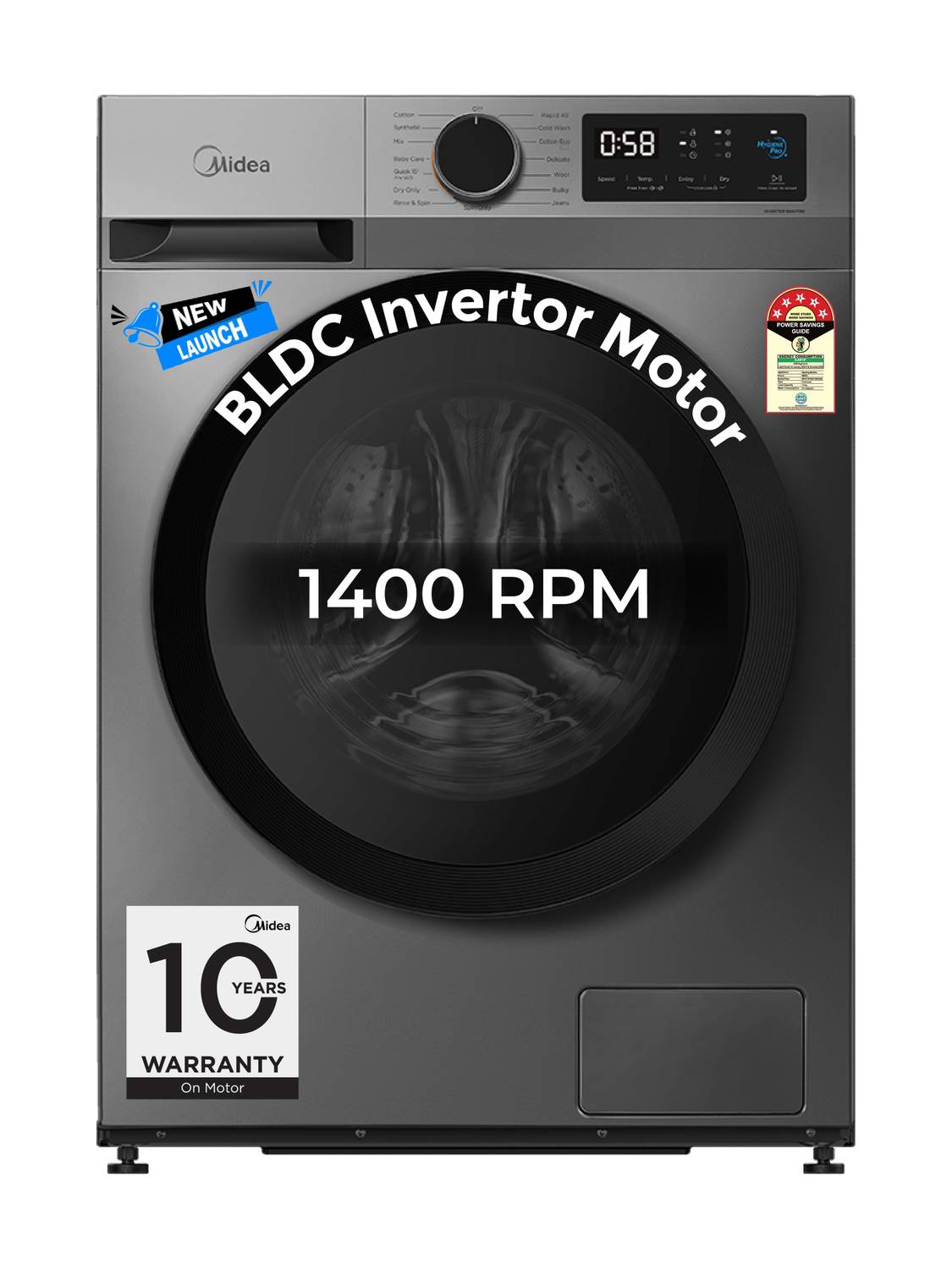Midea 7 kg Fully Automatic Front Load Washing Machine with In-built Heater Grey