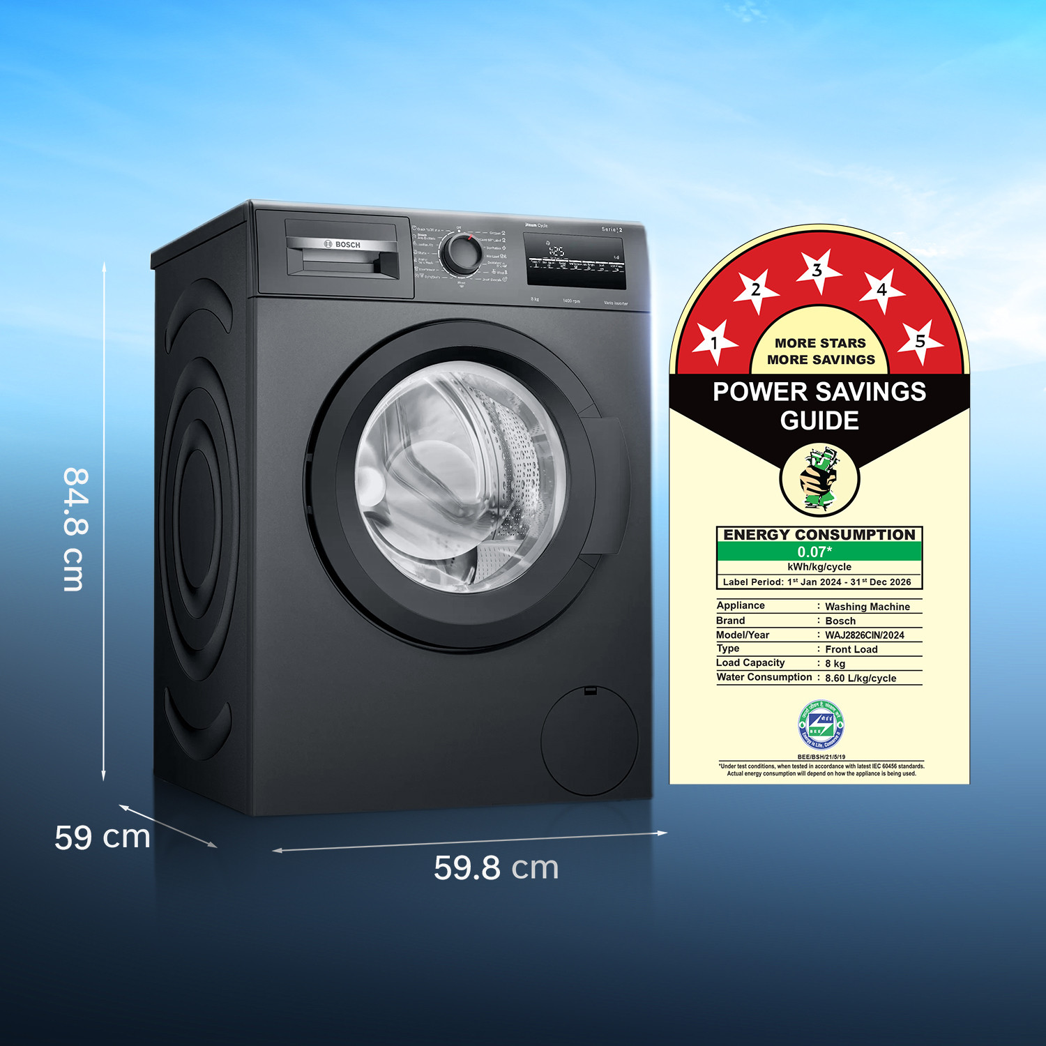 Image of BOSCH 8 kg Fully Automatic Front Load Washing Machine with In-built Heater Black