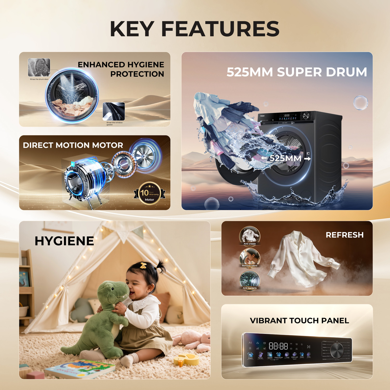 Image of Haier 12 kg 5 Star with AI Smart LIFE+, Vibrant Touch Panel, Stain Pro Technology, ABT, Refresh, 525 mm Super Drum, Direct Motion Motor, WiFi Enabled, Washer Fully Automatic Front Load Washing Machine with In-built Heater Black